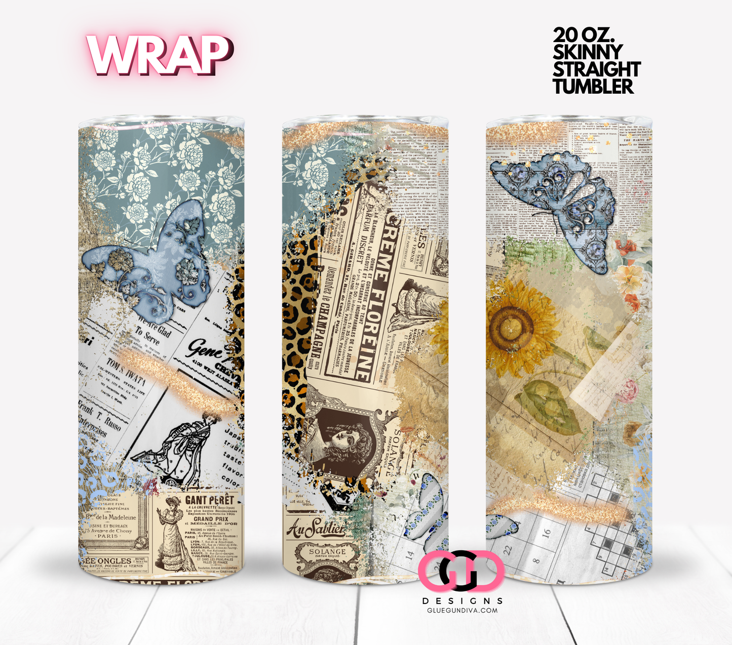 Vintage Newspaper Collage - Digital tumbler wrap for 20 oz skinny straight tumbler