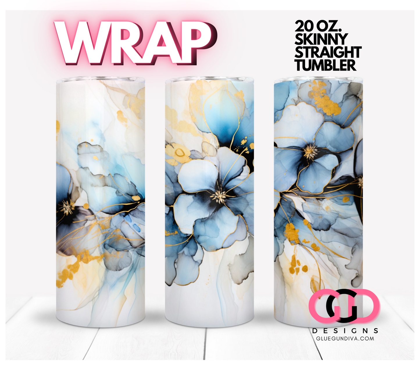 Flowers in Blues- Digital tumbler wrap for 20 oz skinny straight tumbler