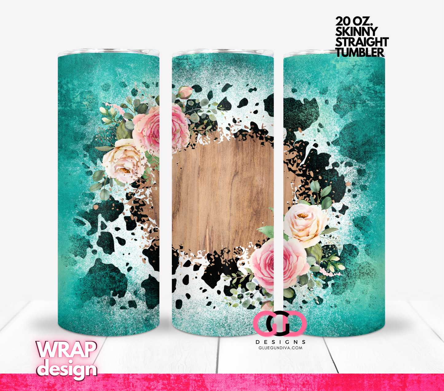 Western Roses and Cow Print - Digital tumbler wrap for 20 oz skinny straight tumbler