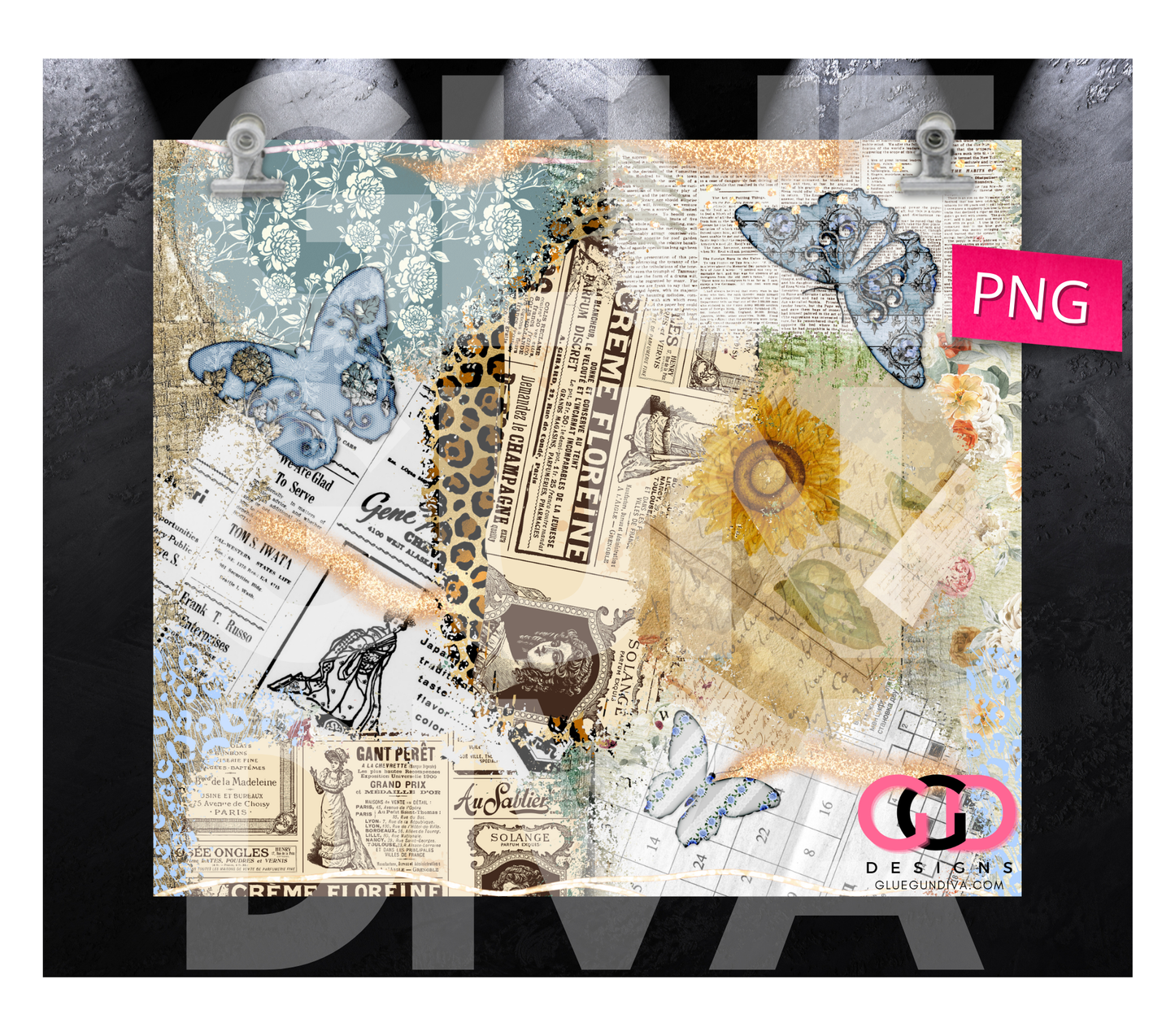 Vintage Newspaper Collage - Digital tumbler wrap for 20 oz skinny straight tumbler