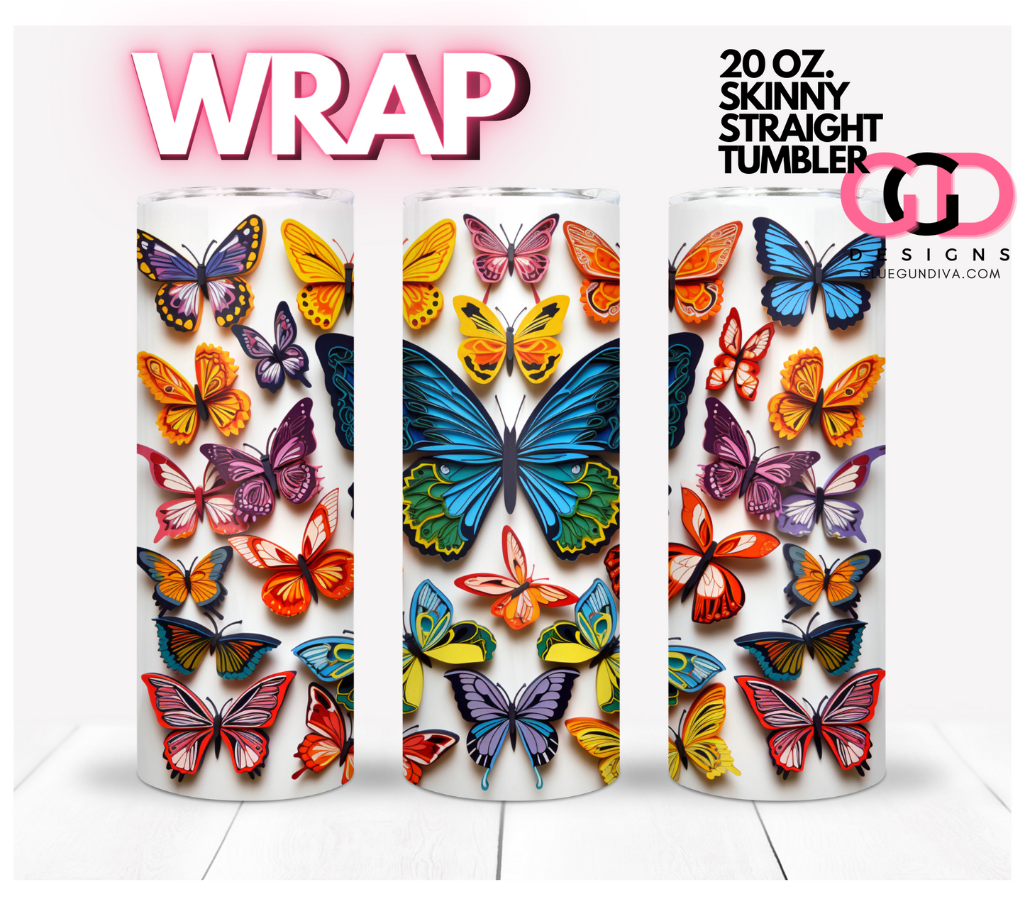 3D colorful paper butterflies- Digital tumbler wrap for 20 oz skinny straight tumbler