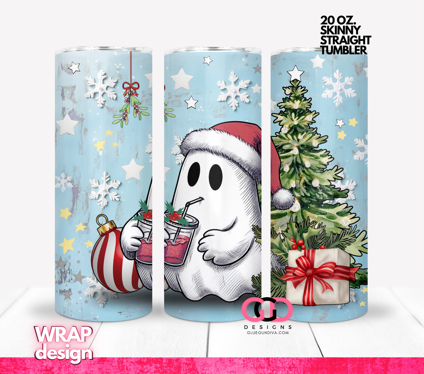 Cold Coffee Christmas Ghost - Digital tumbler wrap for 20 oz skinny straight tumbler