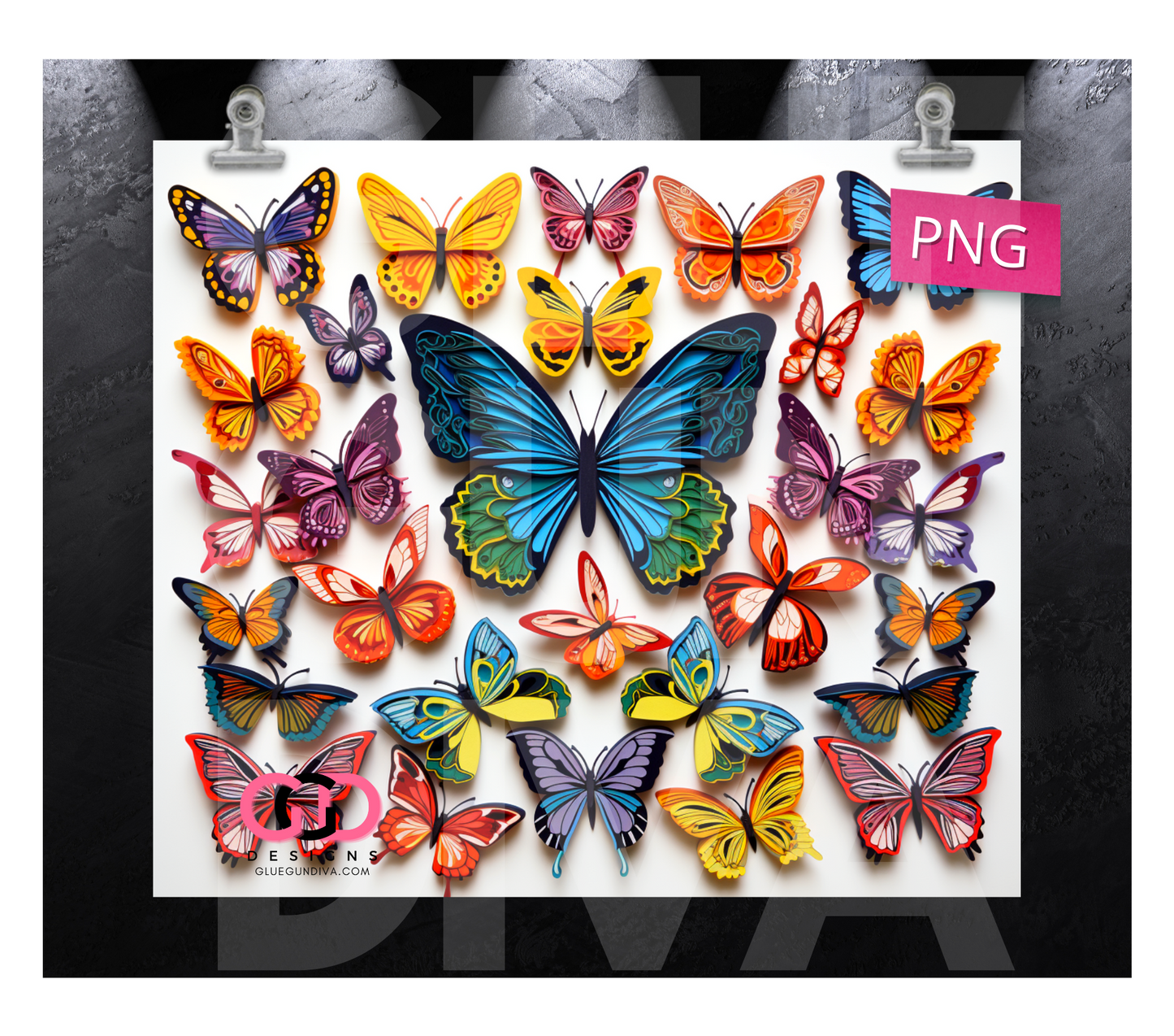 3D colorful paper butterflies- Digital tumbler wrap for 20 oz skinny straight tumbler