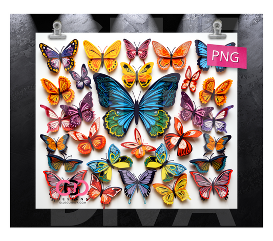 3D colorful paper butterflies- Digital tumbler wrap for 20 oz skinny straight tumbler