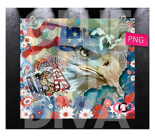 God Bless the USA flowers- Digital tumbler wrap for 20 oz skinny straight tumbler