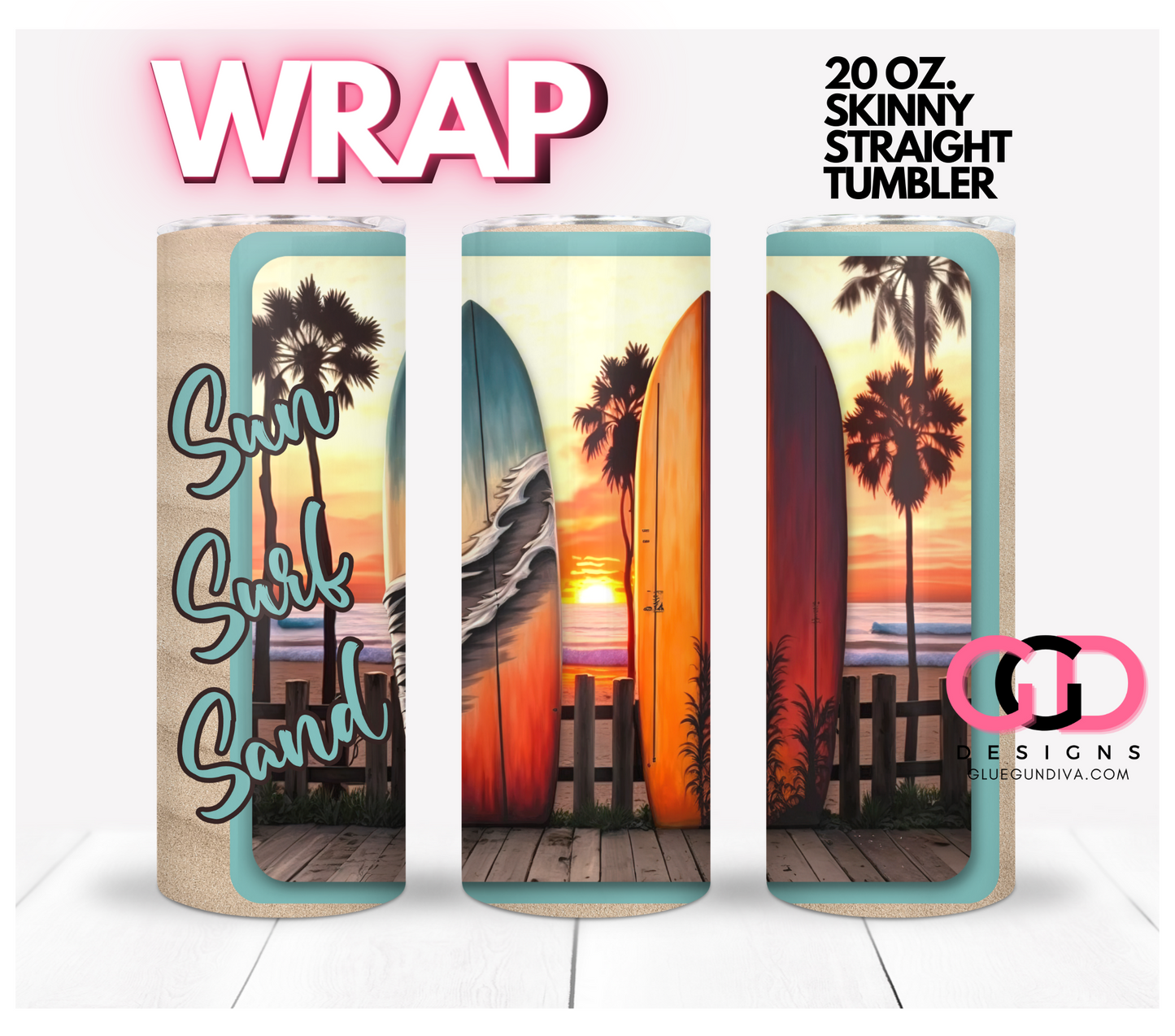 Sun Surf Sand- Digital tumbler wrap for 20 oz skinny straight tumbler