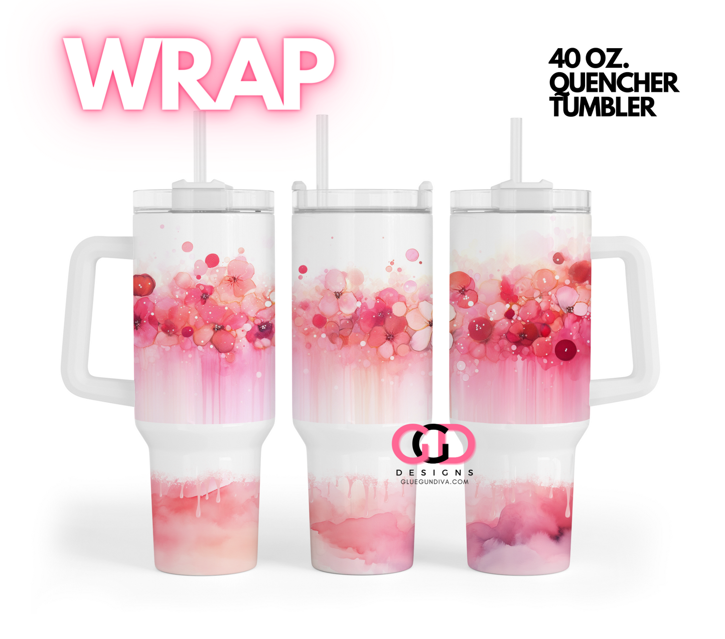 Pink watercolor flowers - Digital tumbler wrap for 40 oz tumbler