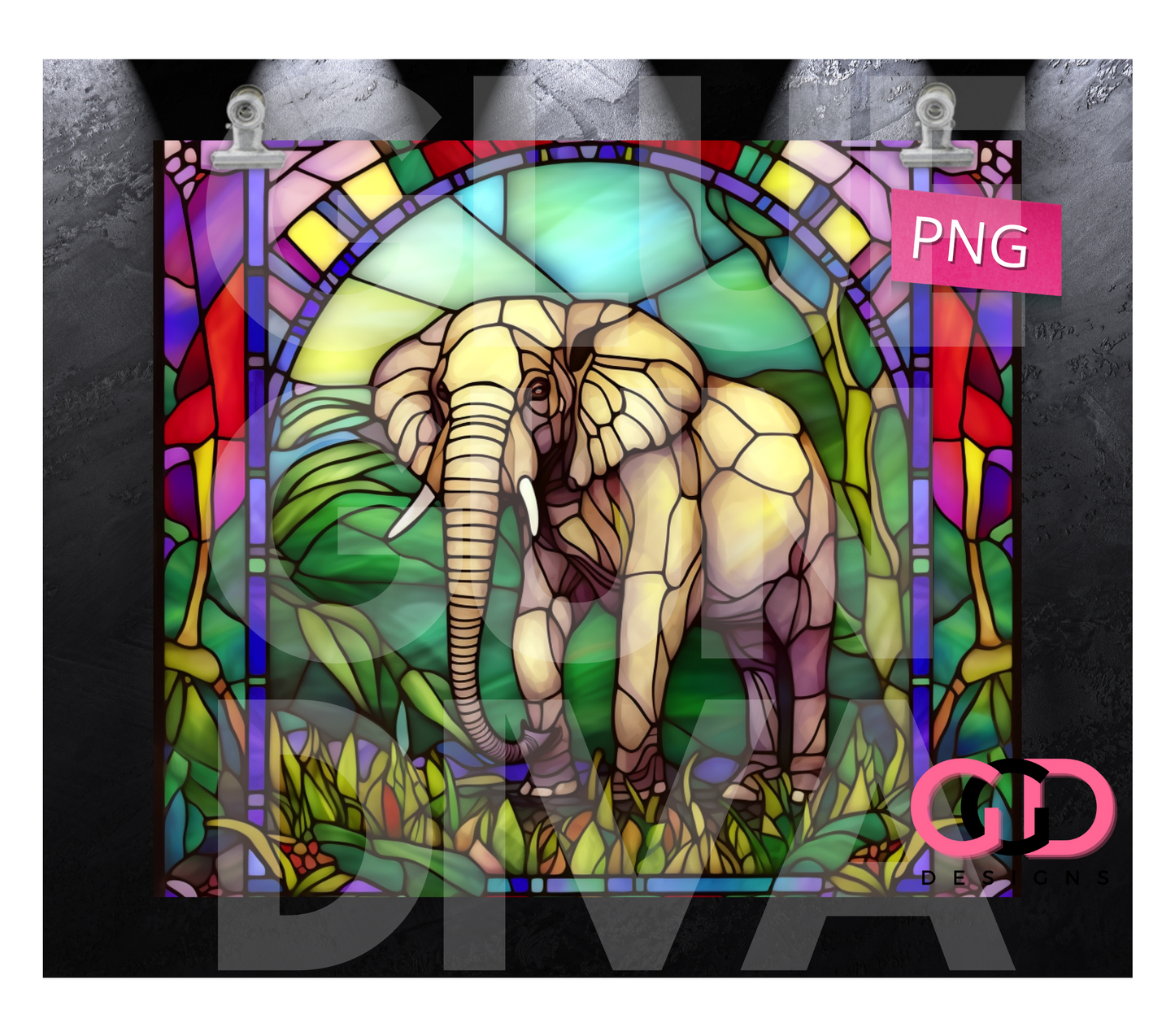 Jungle Stained Glass Elephant- Digital tumbler wrap for 20 oz skinny straight tumbler