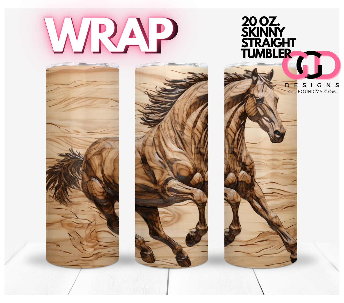 Trotting Wooden Horse- Digital tumbler wrap for 20 oz skinny straight tumbler