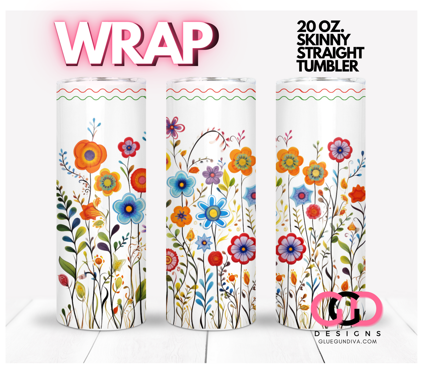 Flowers with wavy border- Digital tumbler wrap for 20 oz skinny straight tumbler