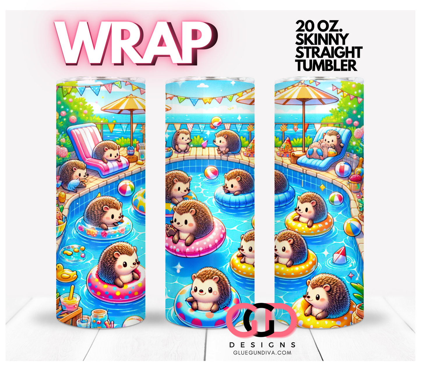 Hedgehog Pool Party- Digital tumbler wrap for 20 oz skinny straight tumbler