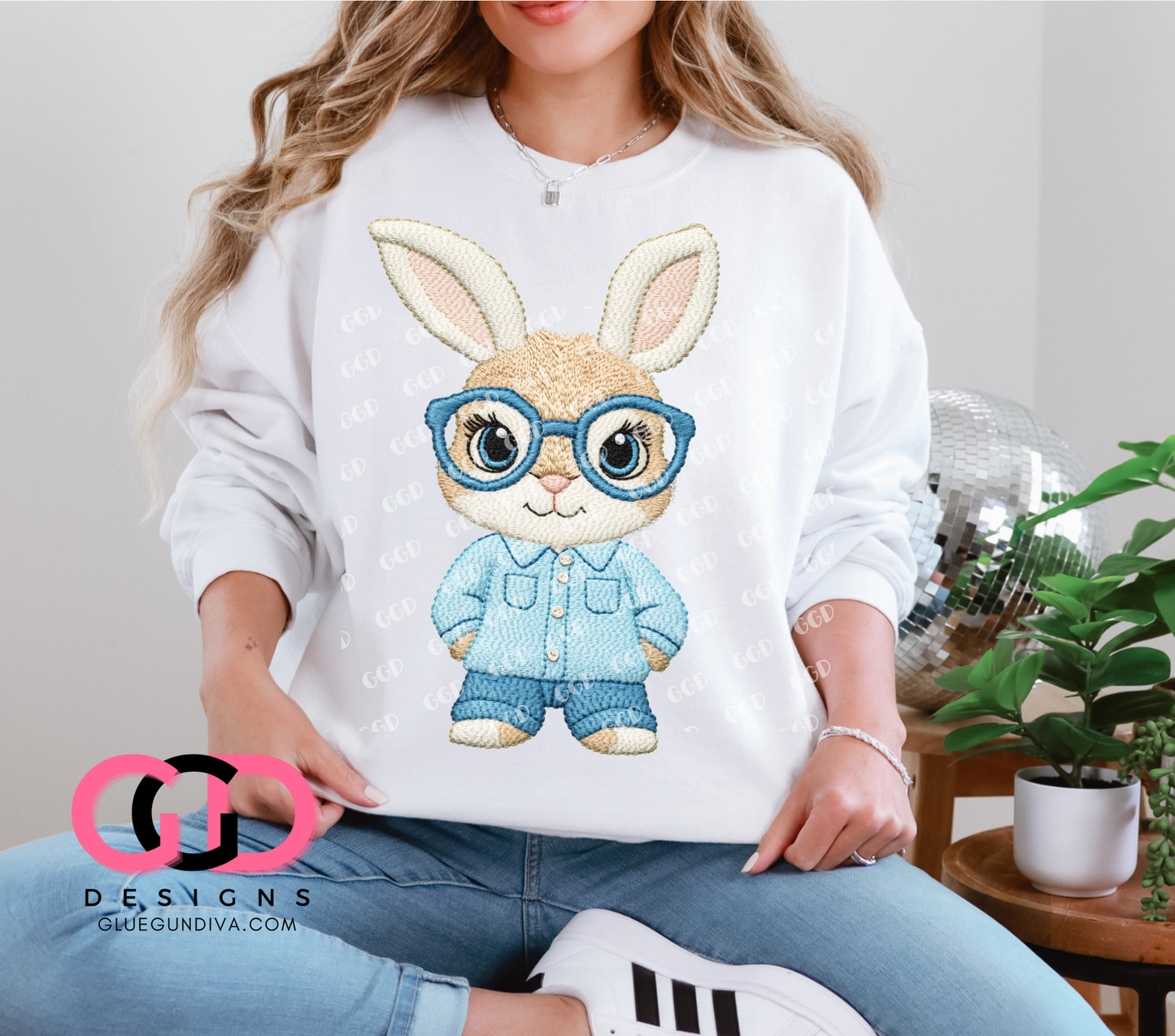 Faux Embroidered Blue Bunny- PNGs & SVGs