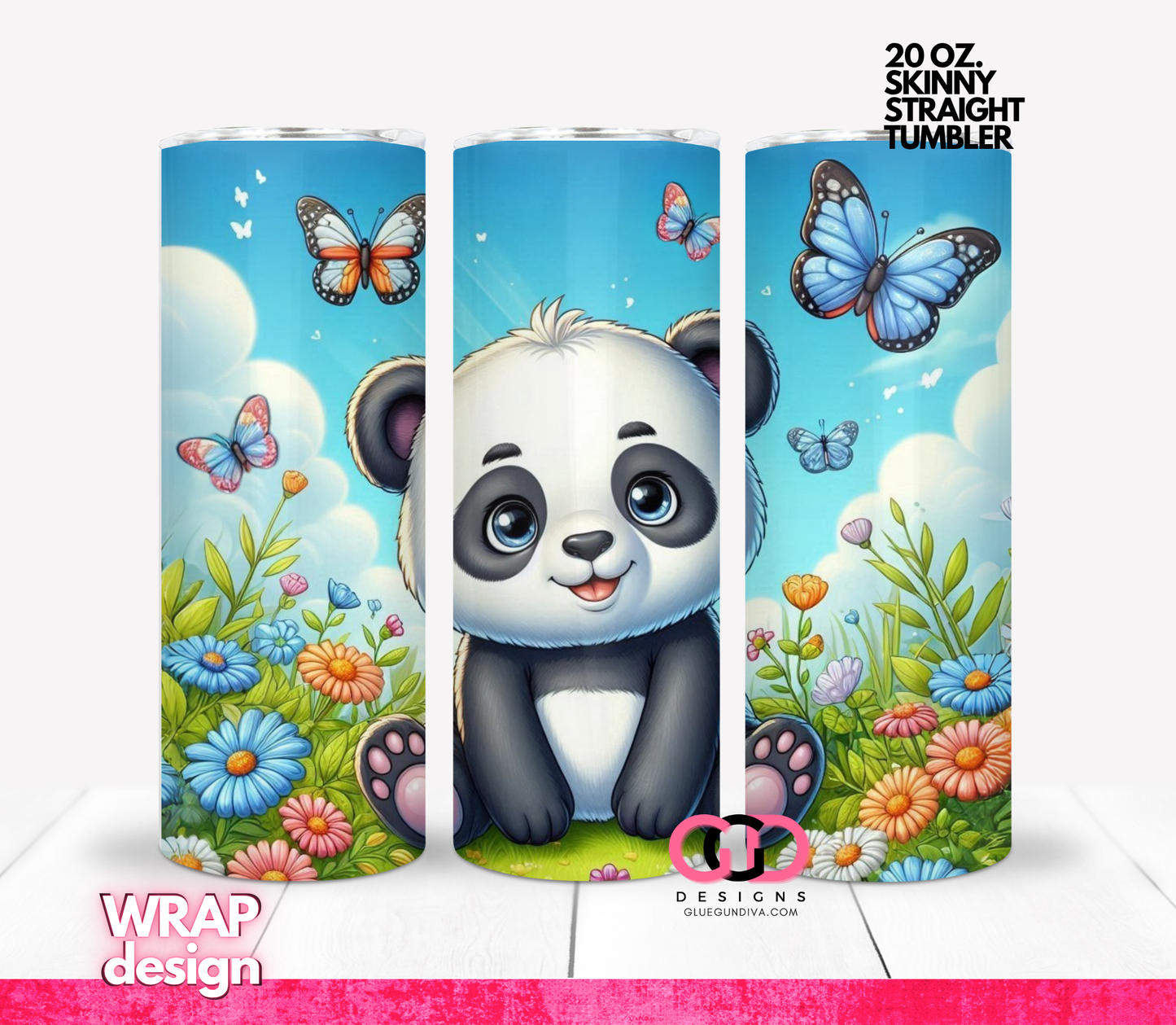 Baby Panda and Flowers - Digital tumbler wrap for 20 oz skinny straight tumbler