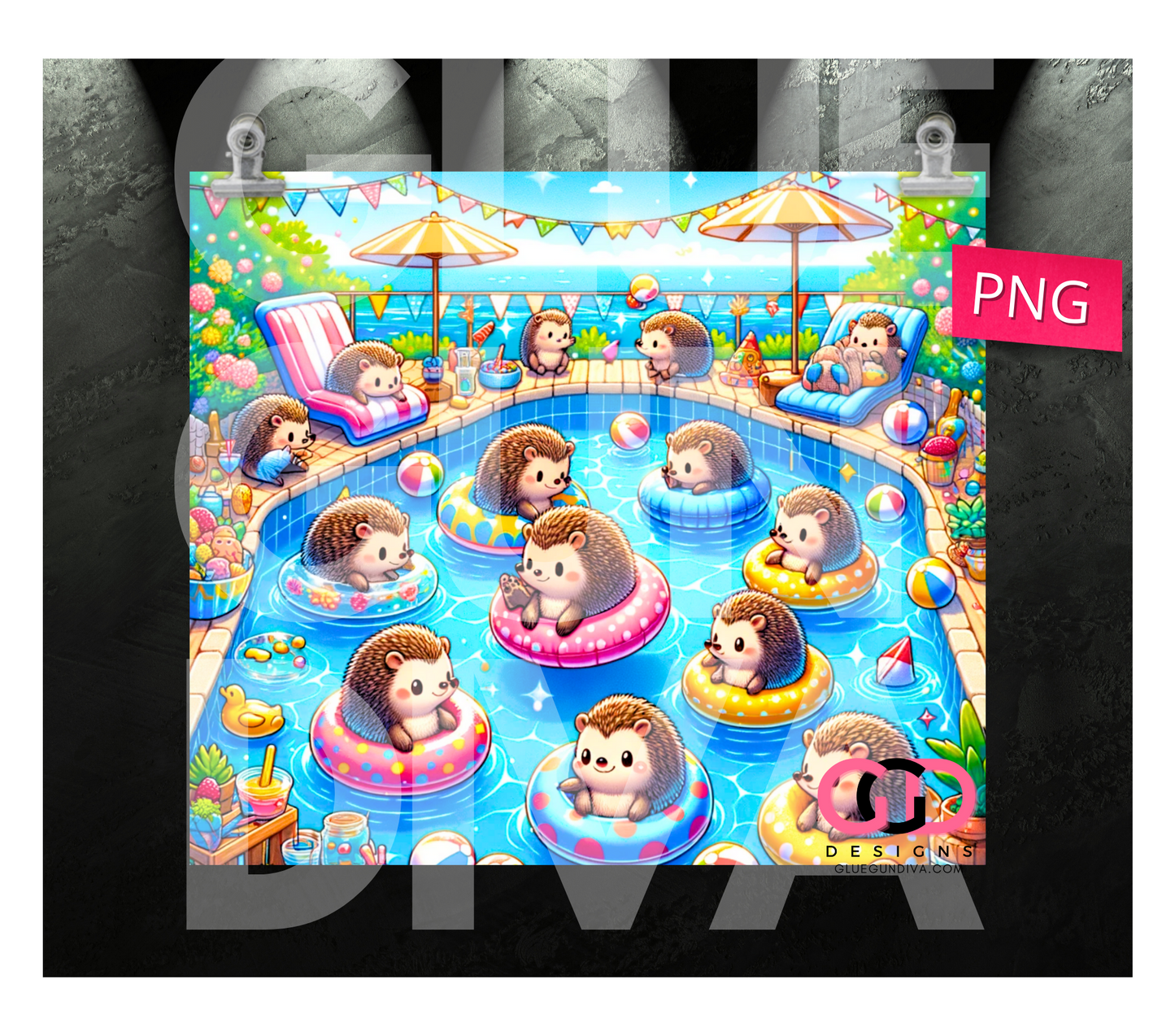 Hedgehog Pool Party- Digital tumbler wrap for 20 oz skinny straight tumbler