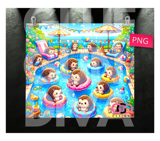 Hedgehog Pool Party- Digital tumbler wrap for 20 oz skinny straight tumbler