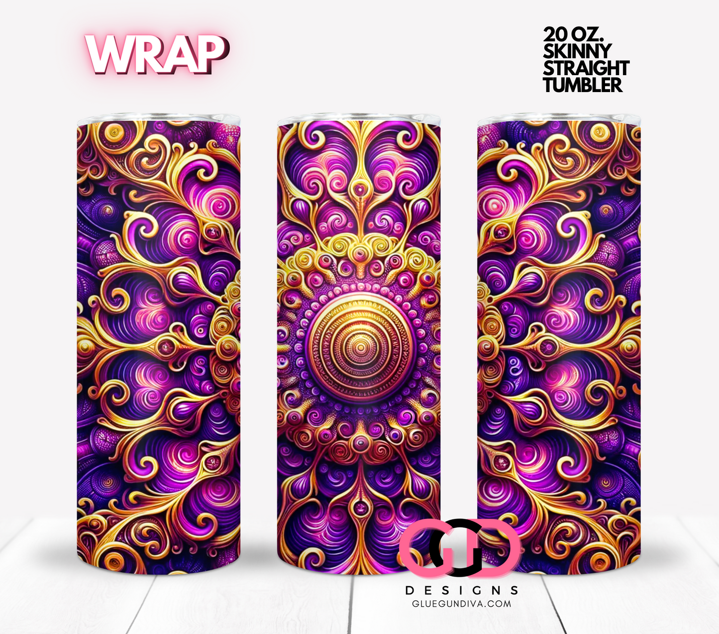 Purple pink and gold psychedelic - Digital tumbler wrap for 20 oz skinny straight tumbler