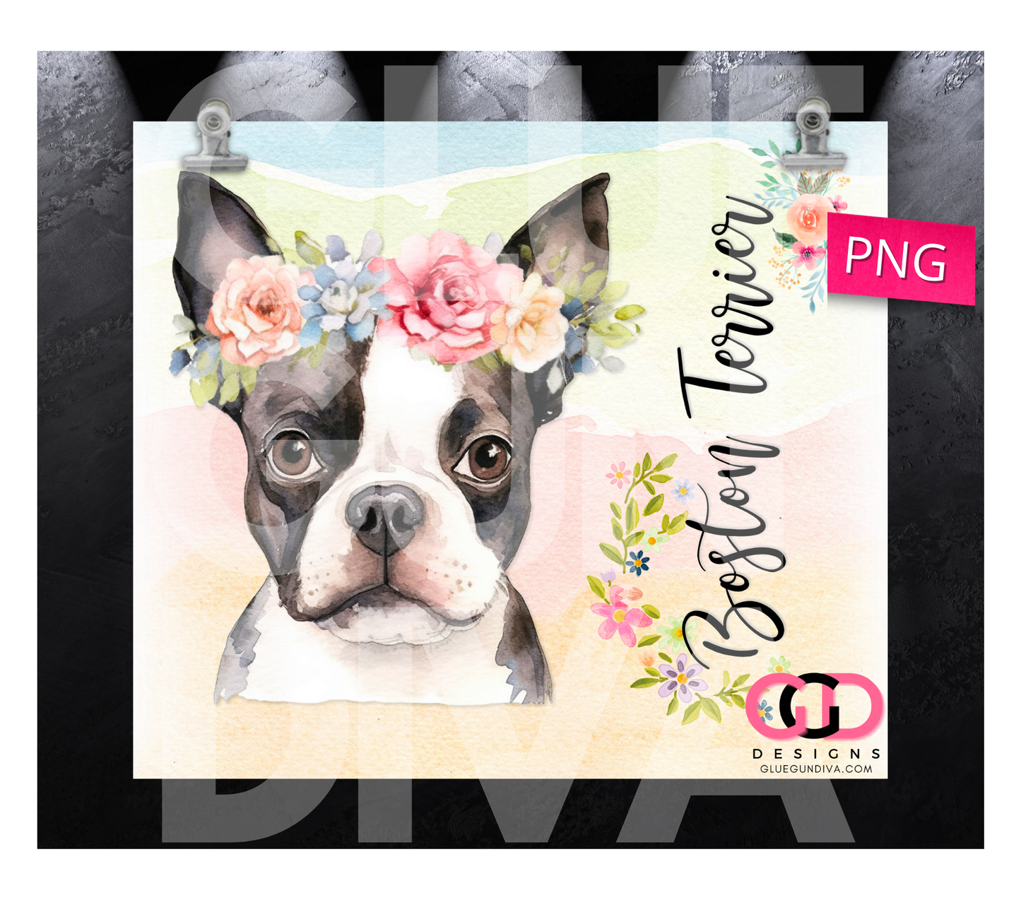 Boston Terrier Floral Crown- Digital tumbler wrap for 20 oz skinny straight tumbler