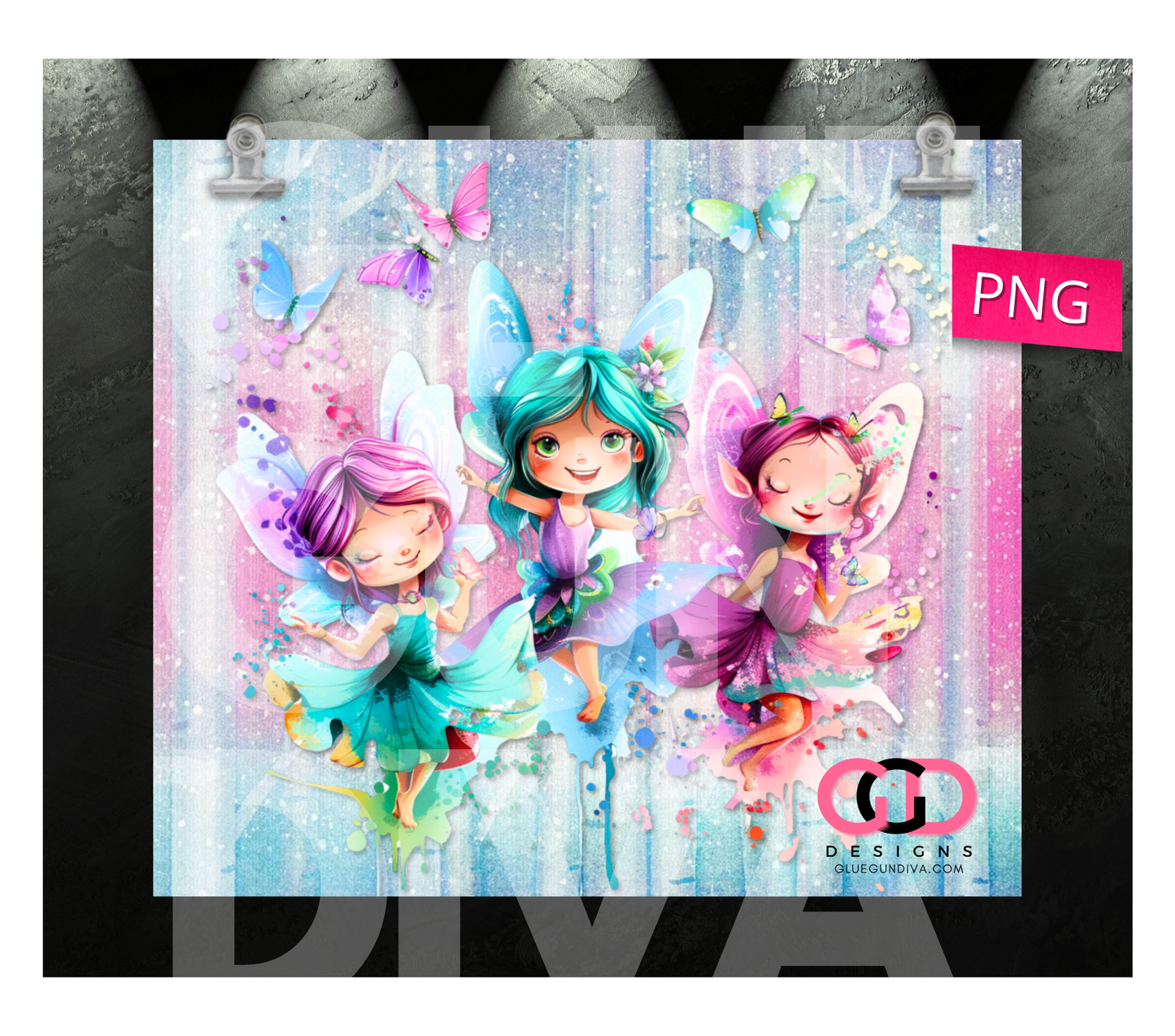 Three fairies and watercolor paint- Digital tumbler wrap for 20 oz skinny straight tumbler