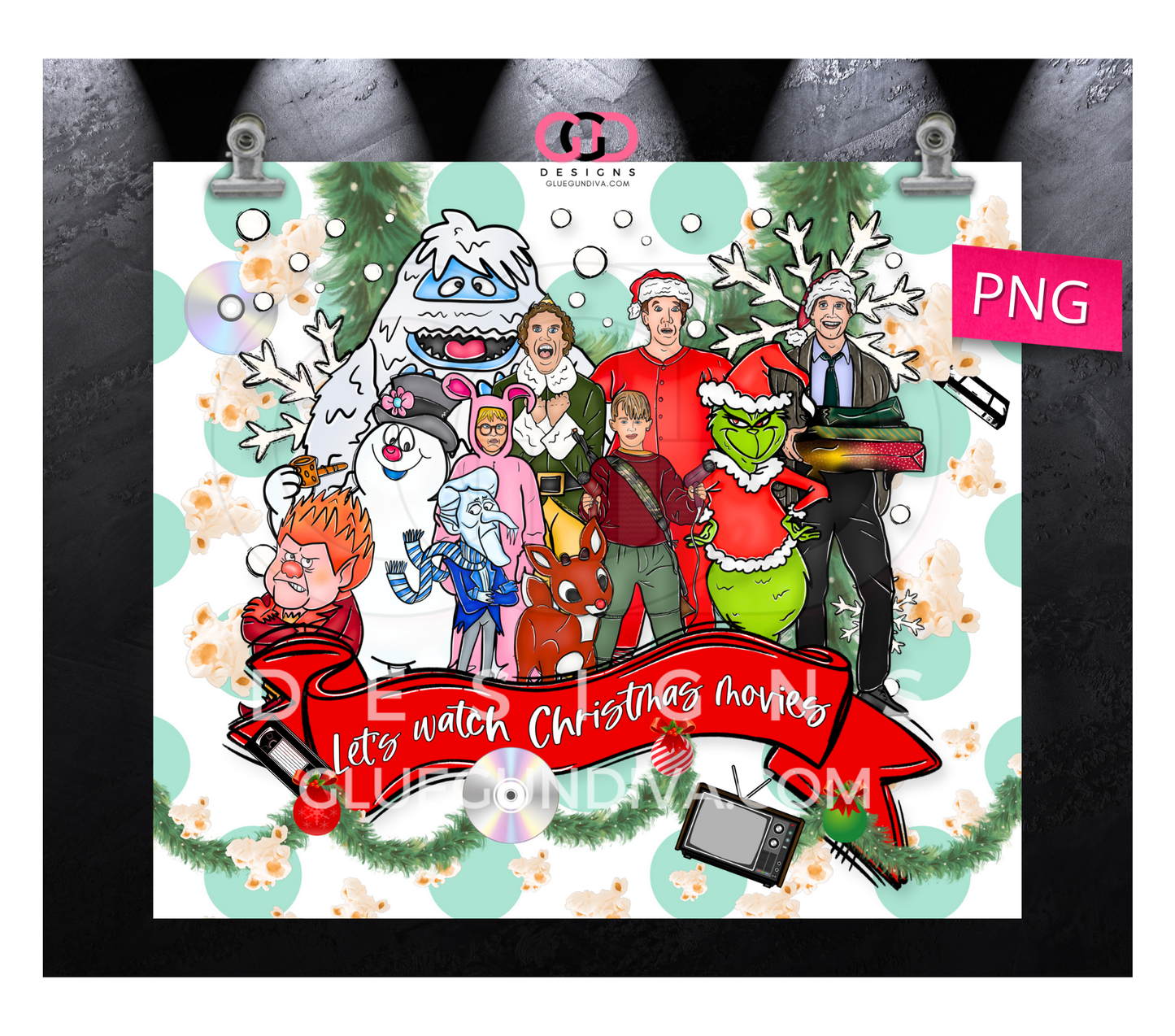 Let's Watch Christmas Movies - Digital tumbler wrap for 20 oz skinny straight tumbler