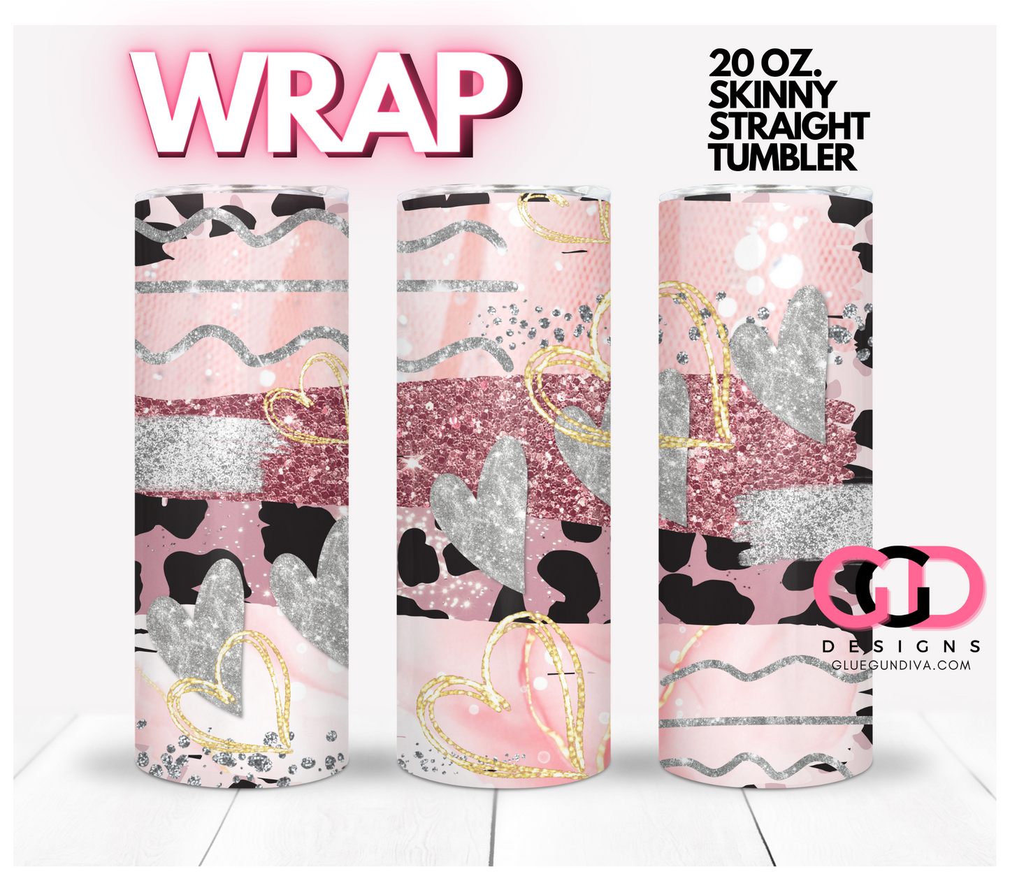 Gold Silver Hearts Medley- Digital tumbler wrap for 20 oz skinny straight tumbler