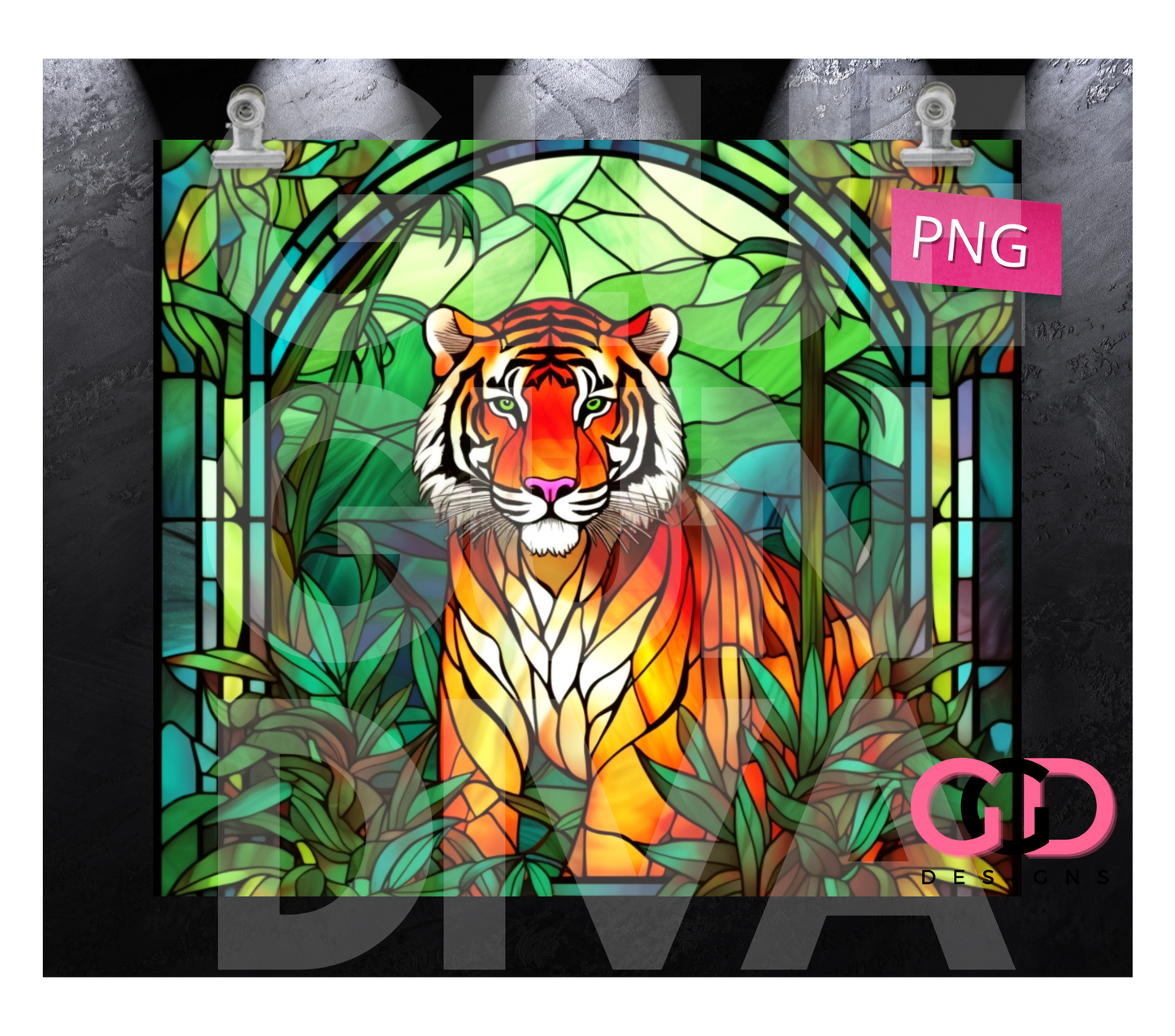 Jungle Stained Glass Tiger- Digital tumbler wrap for 20 oz skinny straight tumbler