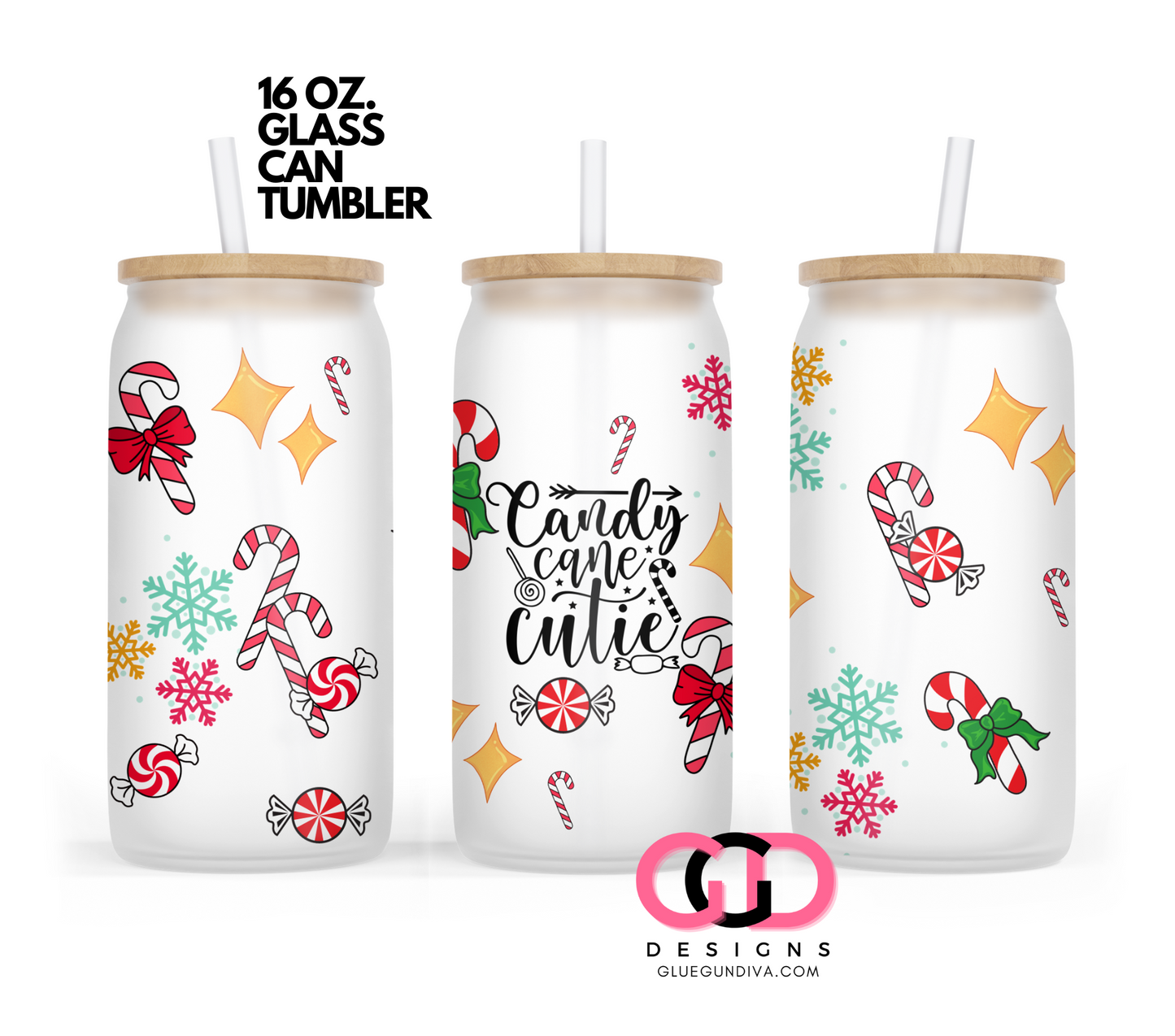 Candy Cane Cutie- Digital wrap for 16 oz glass can