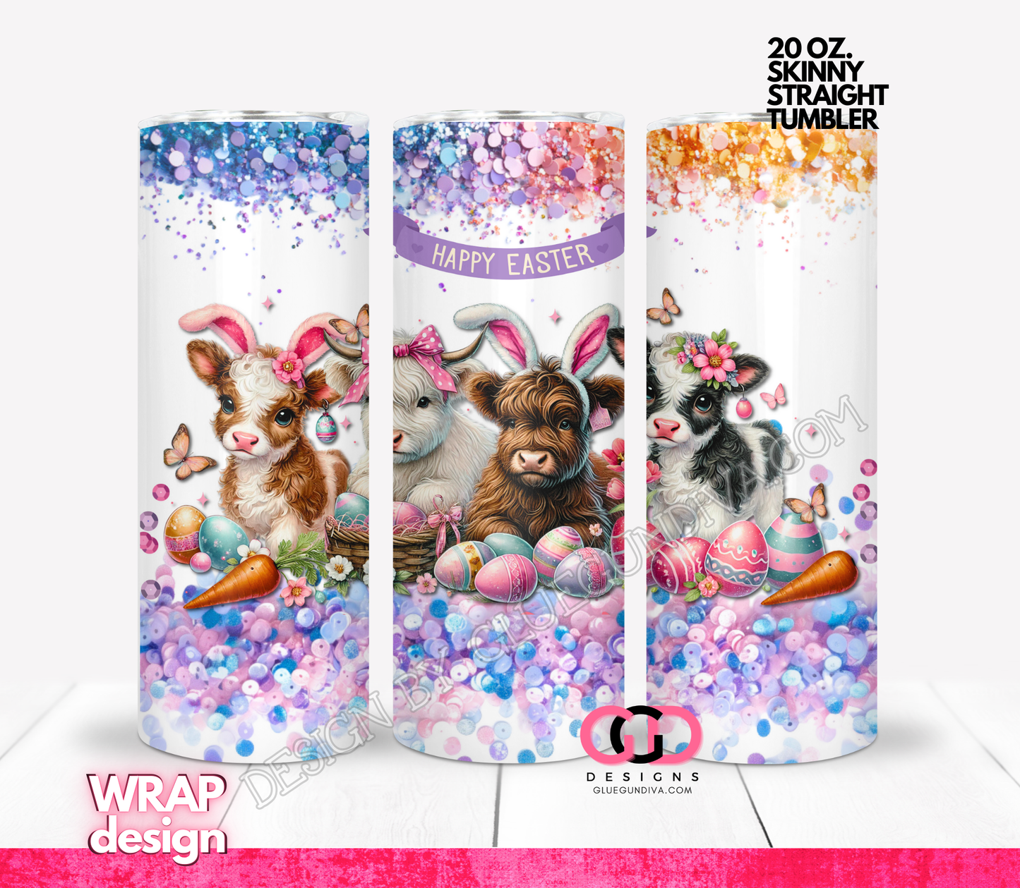 Happy Easter Bunny Cows - Digital tumbler wrap for 20 oz skinny straight tumbler