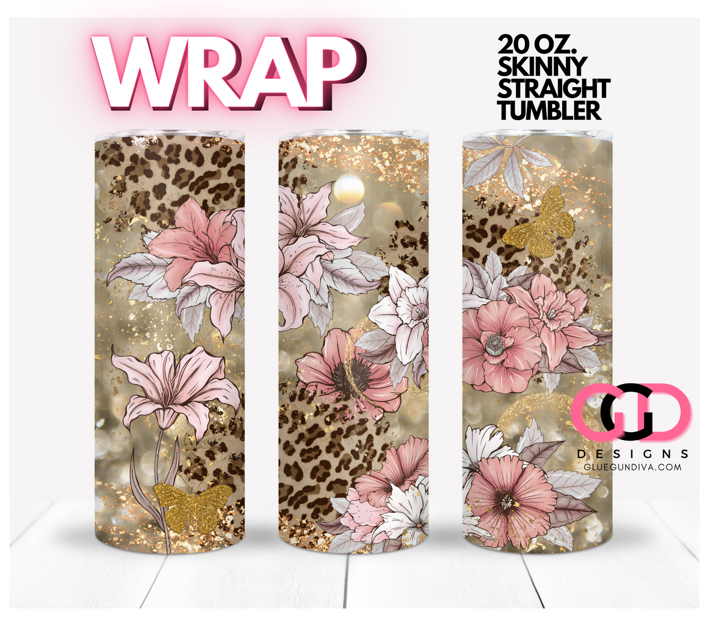 Neutral Flowers and Animal Print - Digital tumbler wrap for 20 oz skinny straight tumbler