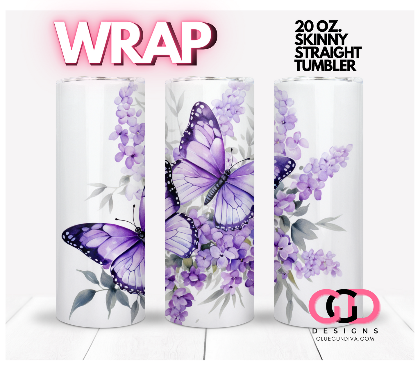 Beautiful Lavender Butterflies - Digital tumbler wrap for 20 oz skinny straight tumbler
