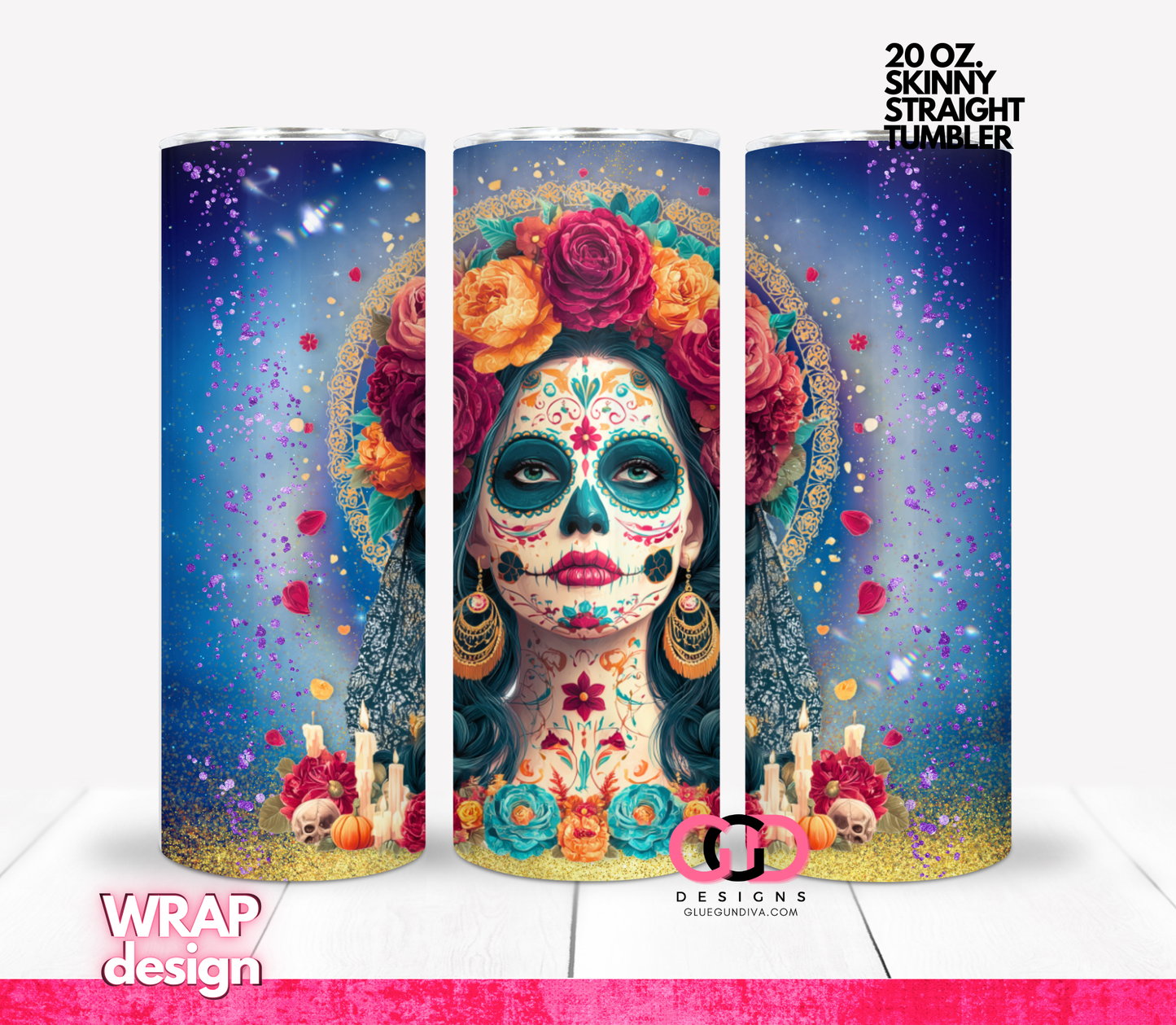 Calavera Glitter - Digital tumbler wrap for 20 oz skinny straight tumbler