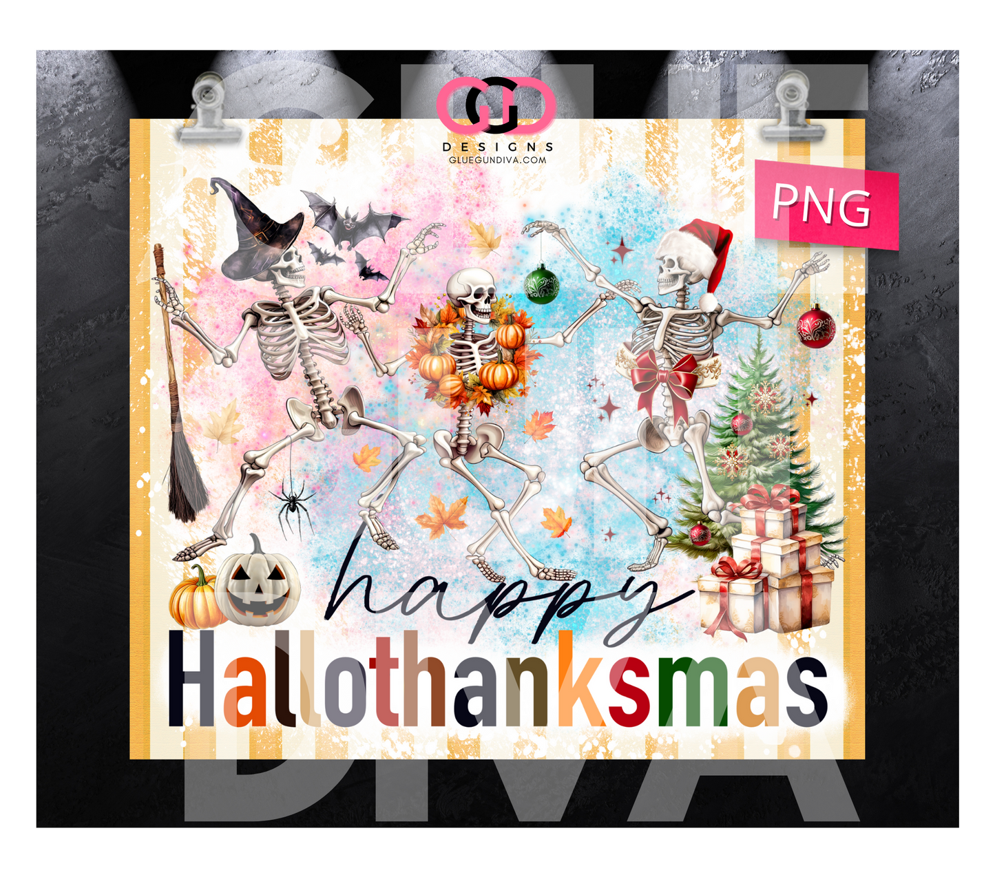 Happy Hallothanksmas Dancing Skeletons- Digital tumbler wrap for 20 oz skinny straight tumbler