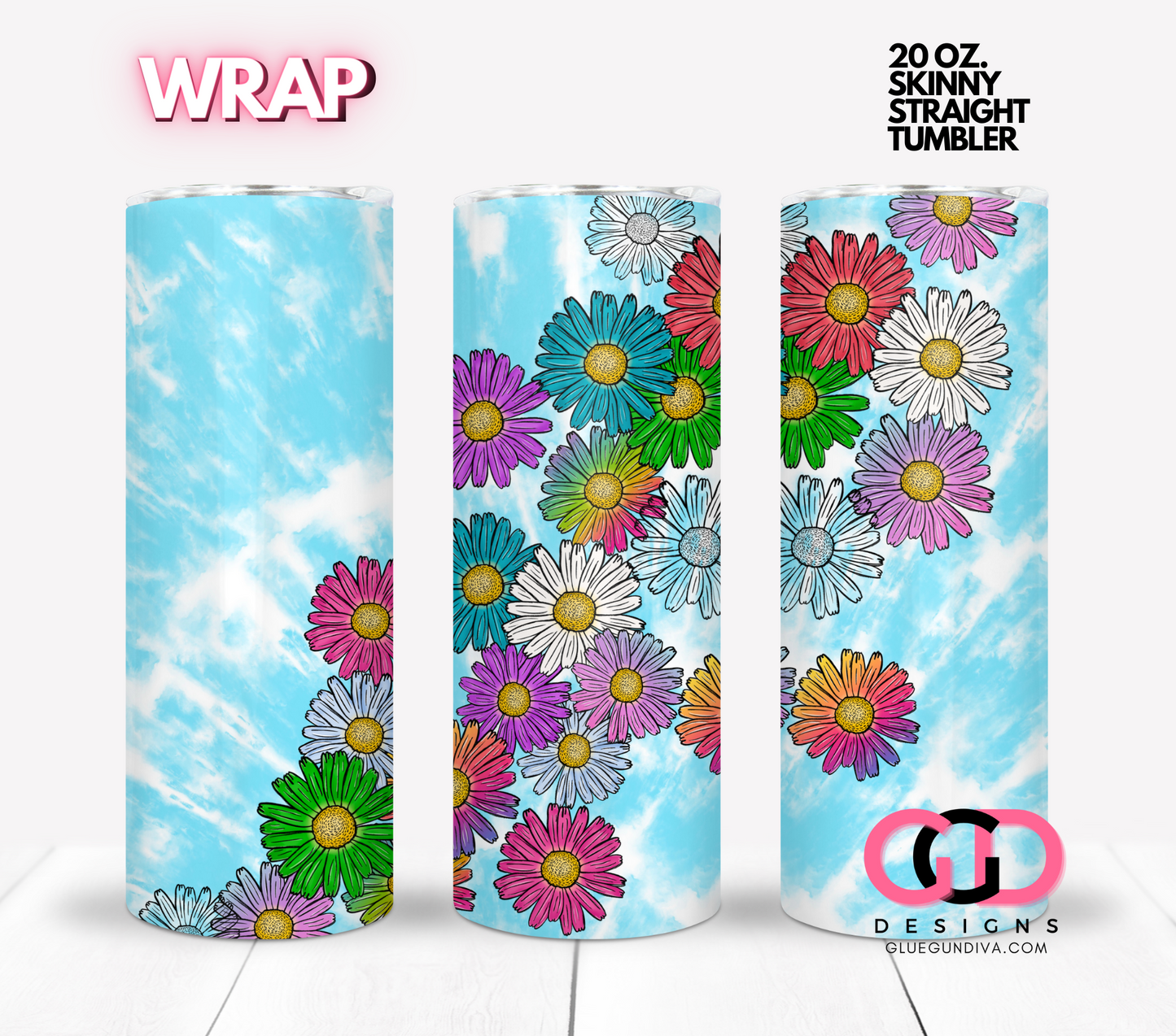 Colorful daisies on tiedye - Digital tumbler wrap for 20 oz skinny straight tumbler