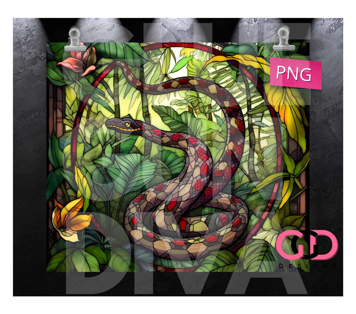 Jungle Stained Glass Snake- Digital tumbler wrap for 20 oz skinny straight tumbler