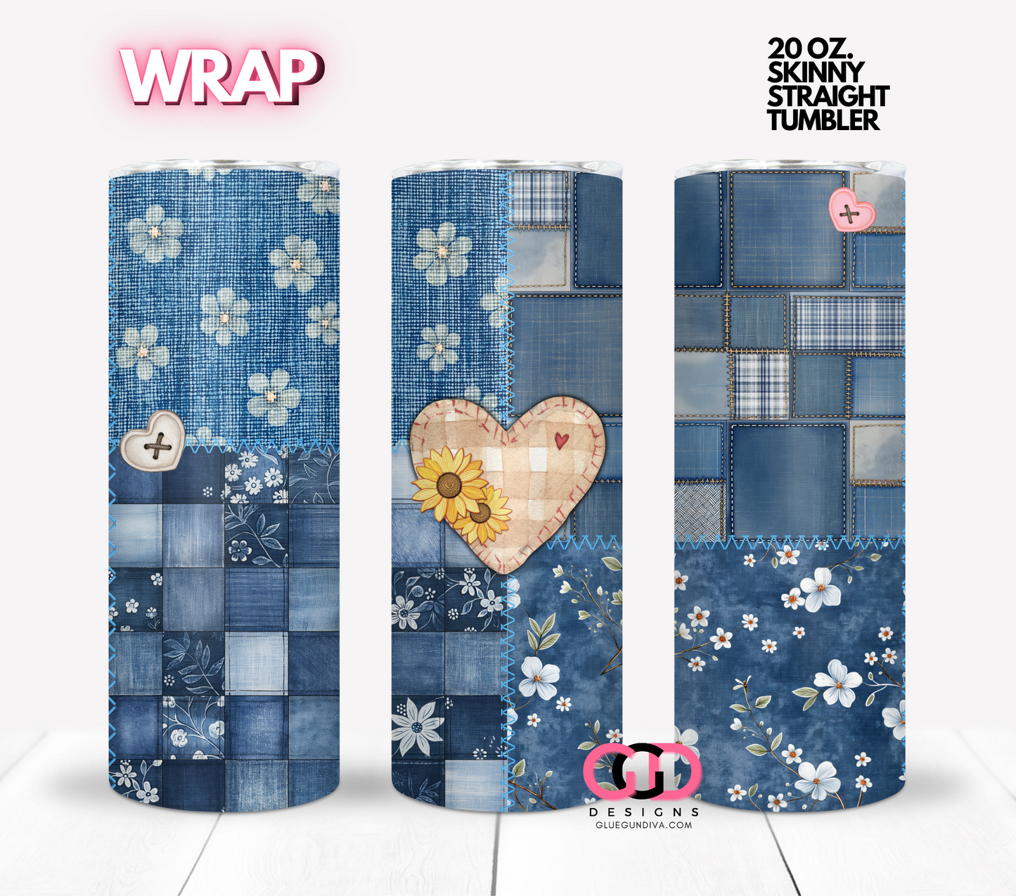 Denim Patches and Flowers- Digital tumbler wrap for 20 oz skinny straight tumbler