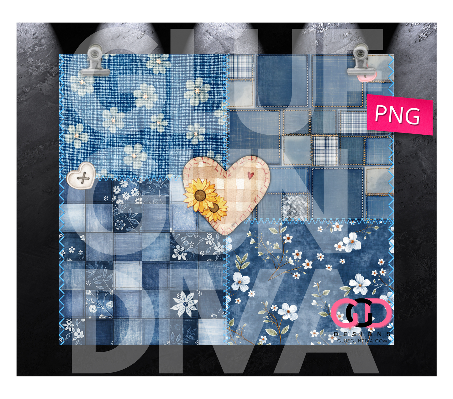 Denim Patches and Flowers- Digital tumbler wrap for 20 oz skinny straight tumbler