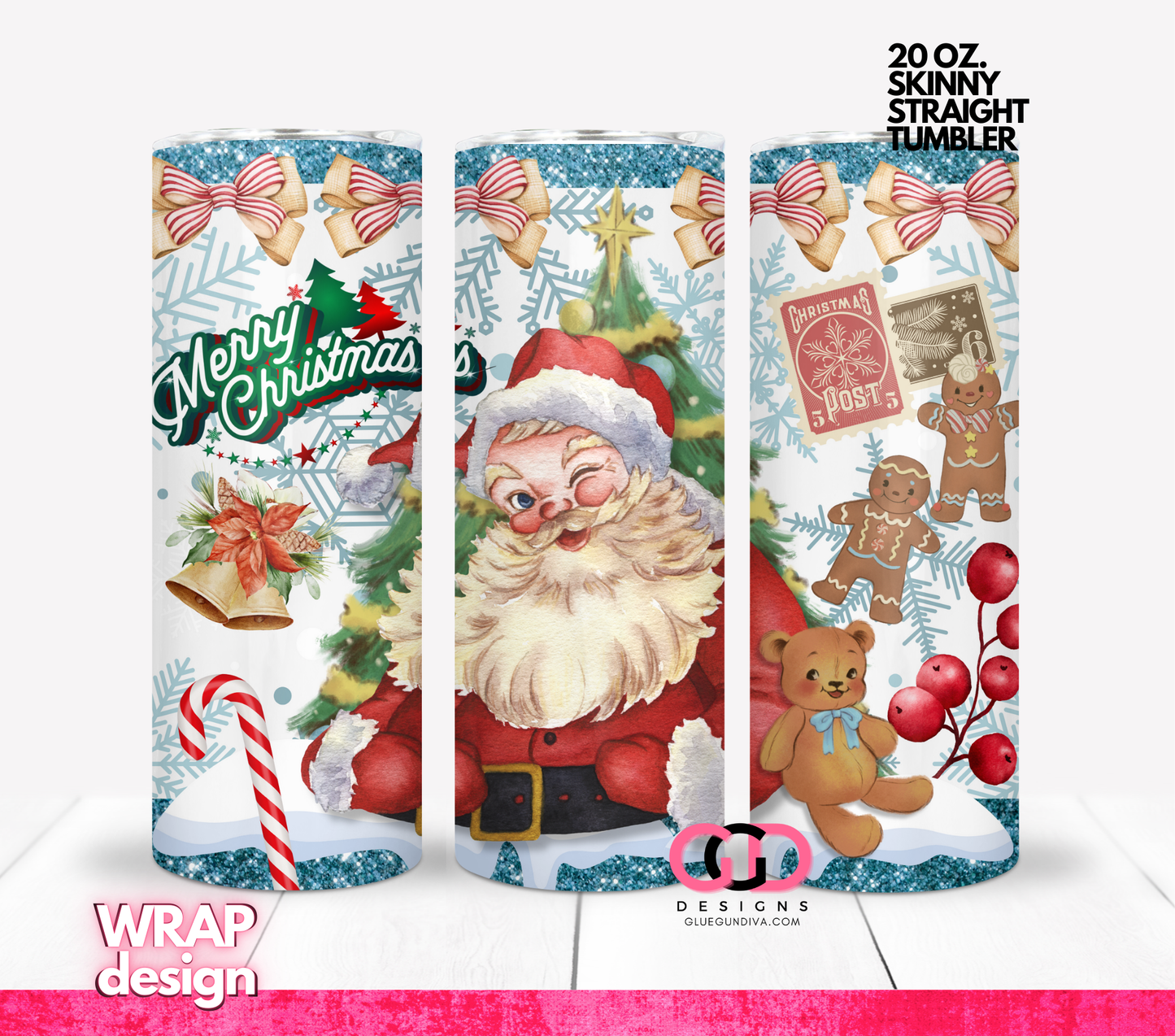 Merry Christmas Vintage Santa - Digital tumbler wrap for 20 oz skinny straight tumbler