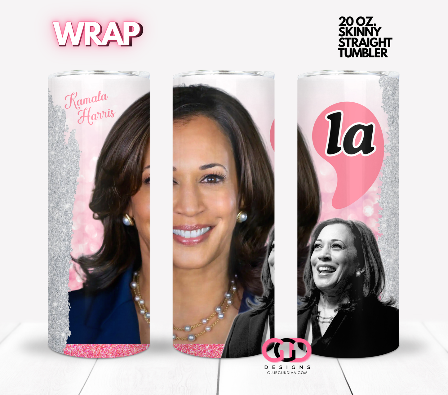Kamala Harris Pink and Silver- Digital tumbler wrap for 20 oz skinny straight tumbler