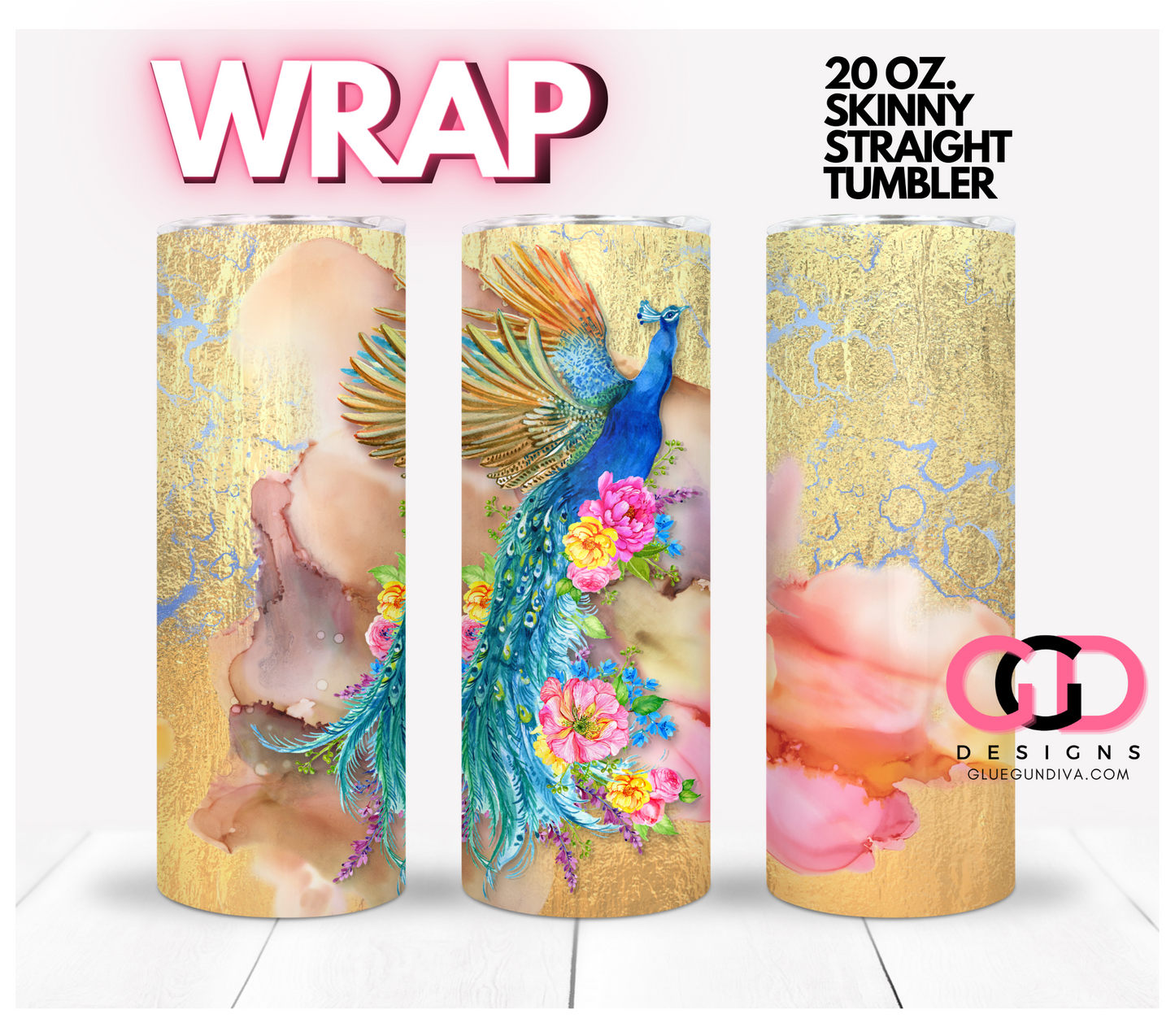 Peacock on Gold - Digital tumbler wrap for 20 oz skinny straight tumbler