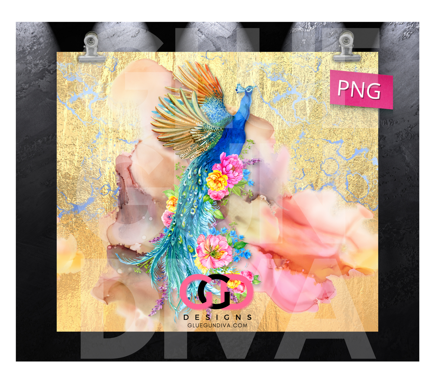 Peacock on Gold - Digital tumbler wrap for 20 oz skinny straight tumbler