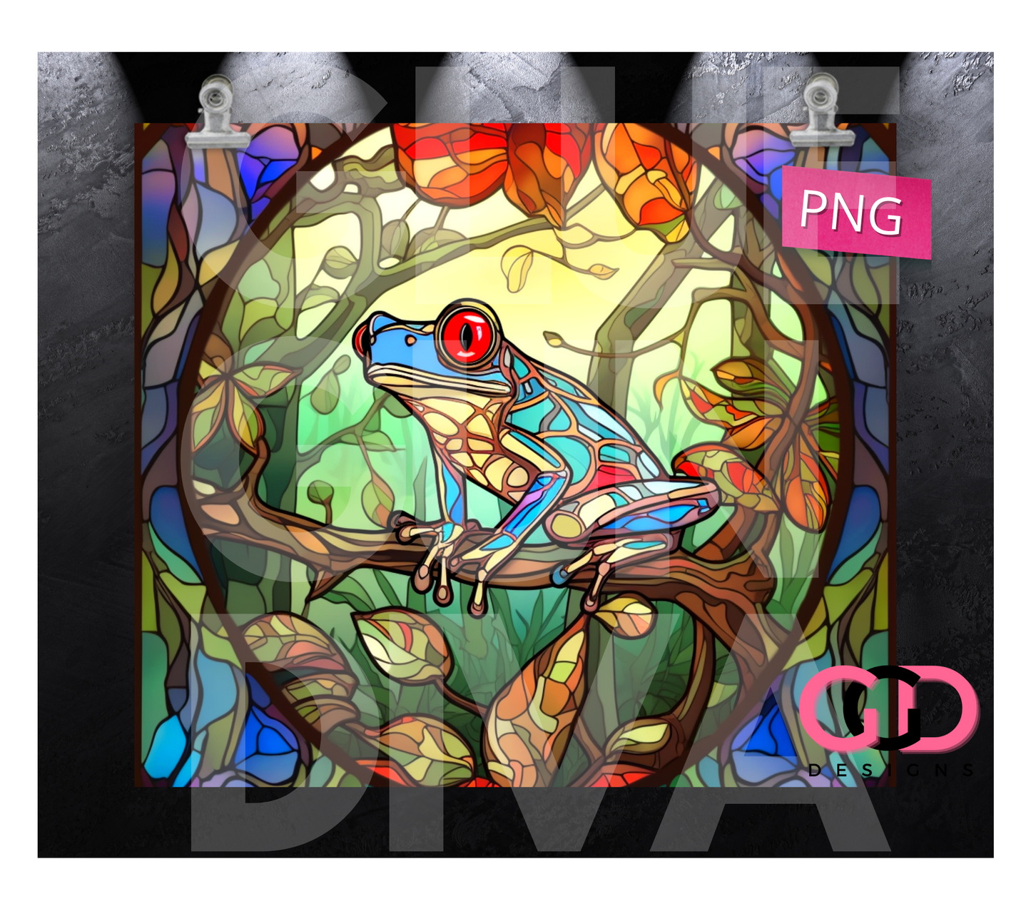 Jungle Stained Glass Frog- Digital tumbler wrap for 20 oz skinny straight tumbler