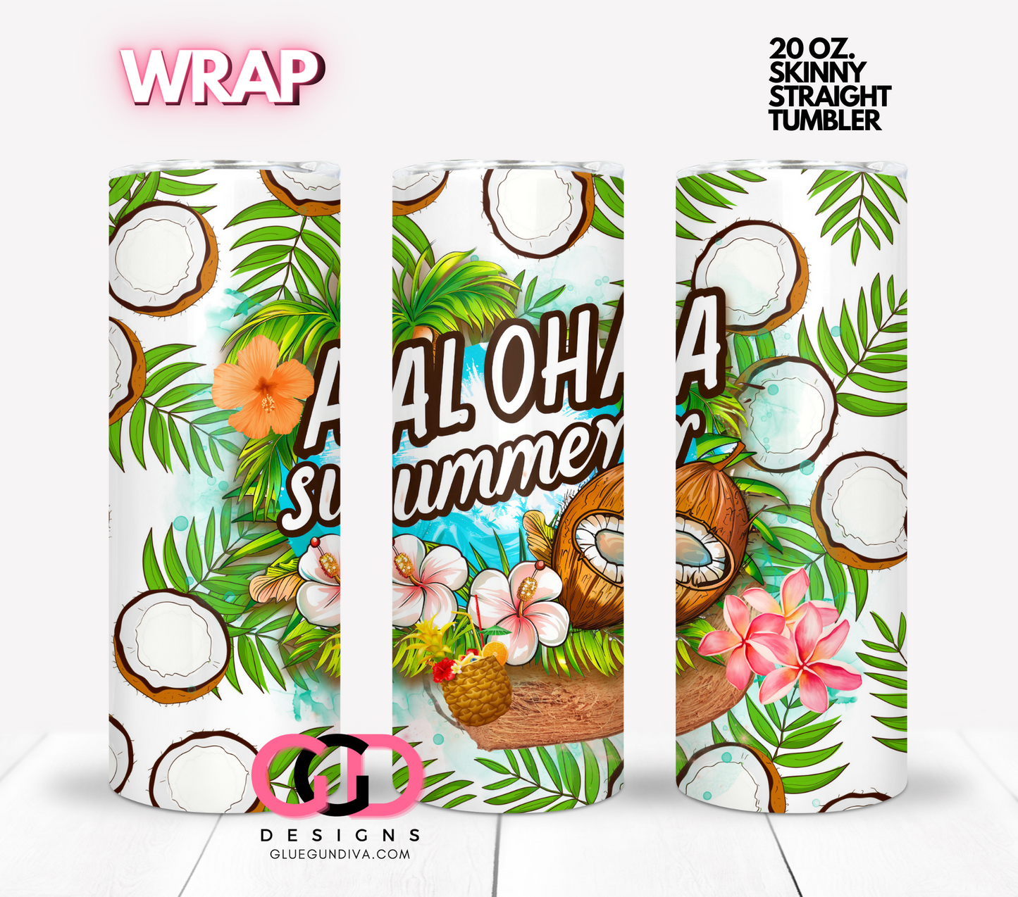 Aloha Summer Coconut - Digital tumbler wrap for 20 oz skinny straight tumbler
