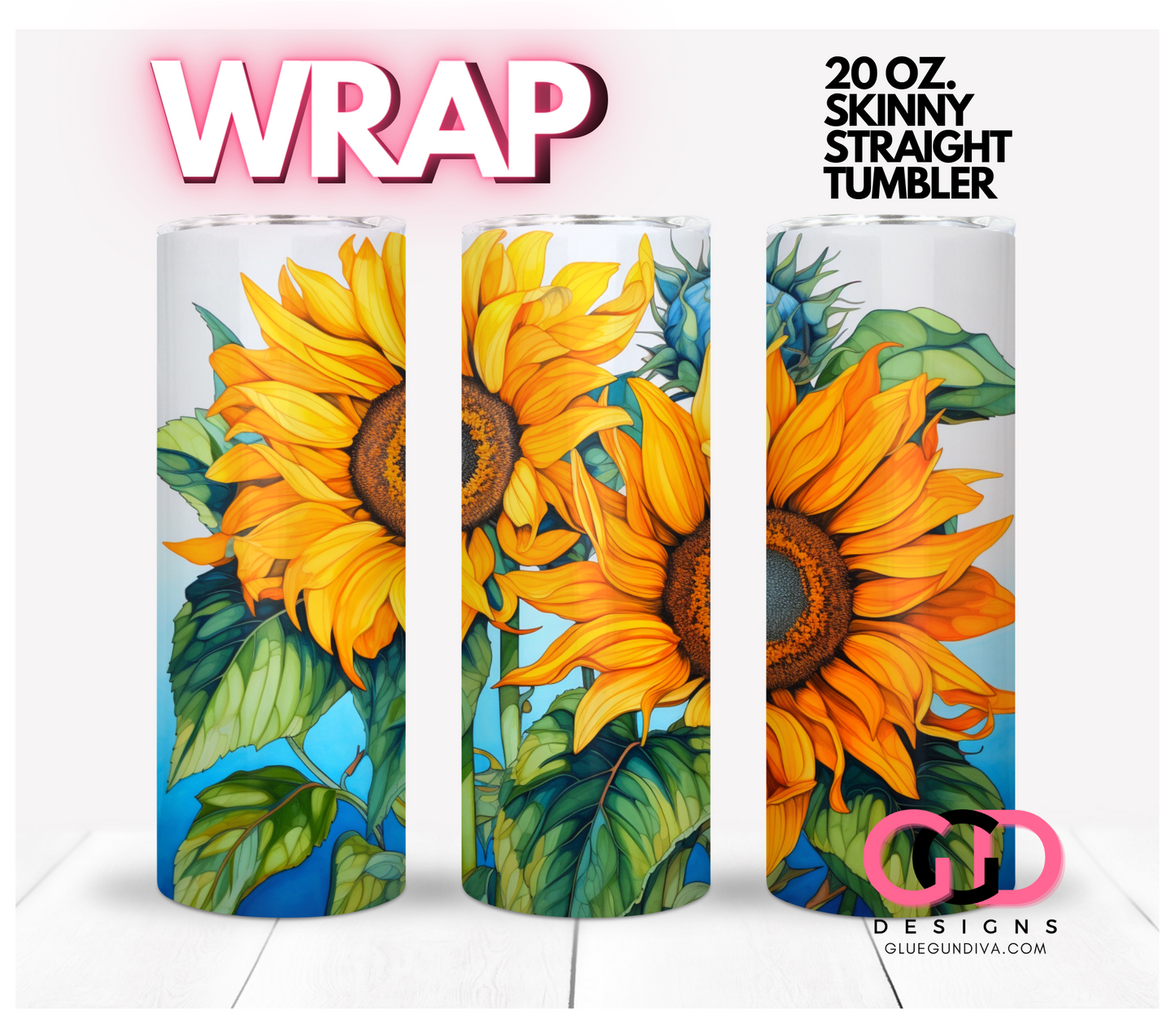 Bright Sunflowers - Digital tumbler wrap for 20 oz skinny straight tumbler