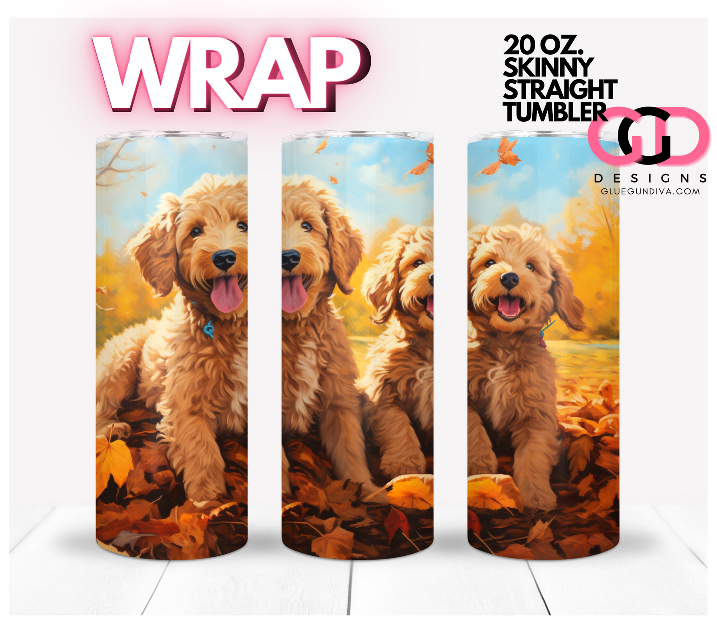 Fall Labradoodles - Digital tumbler wrap for 20 oz skinny straight tumbler