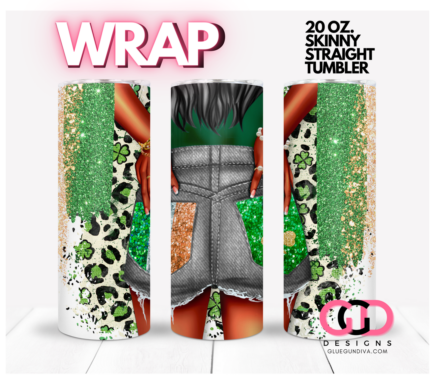 Irish Pockets Black Hair- Digital tumbler wrap for 20 oz skinny straight tumbler
