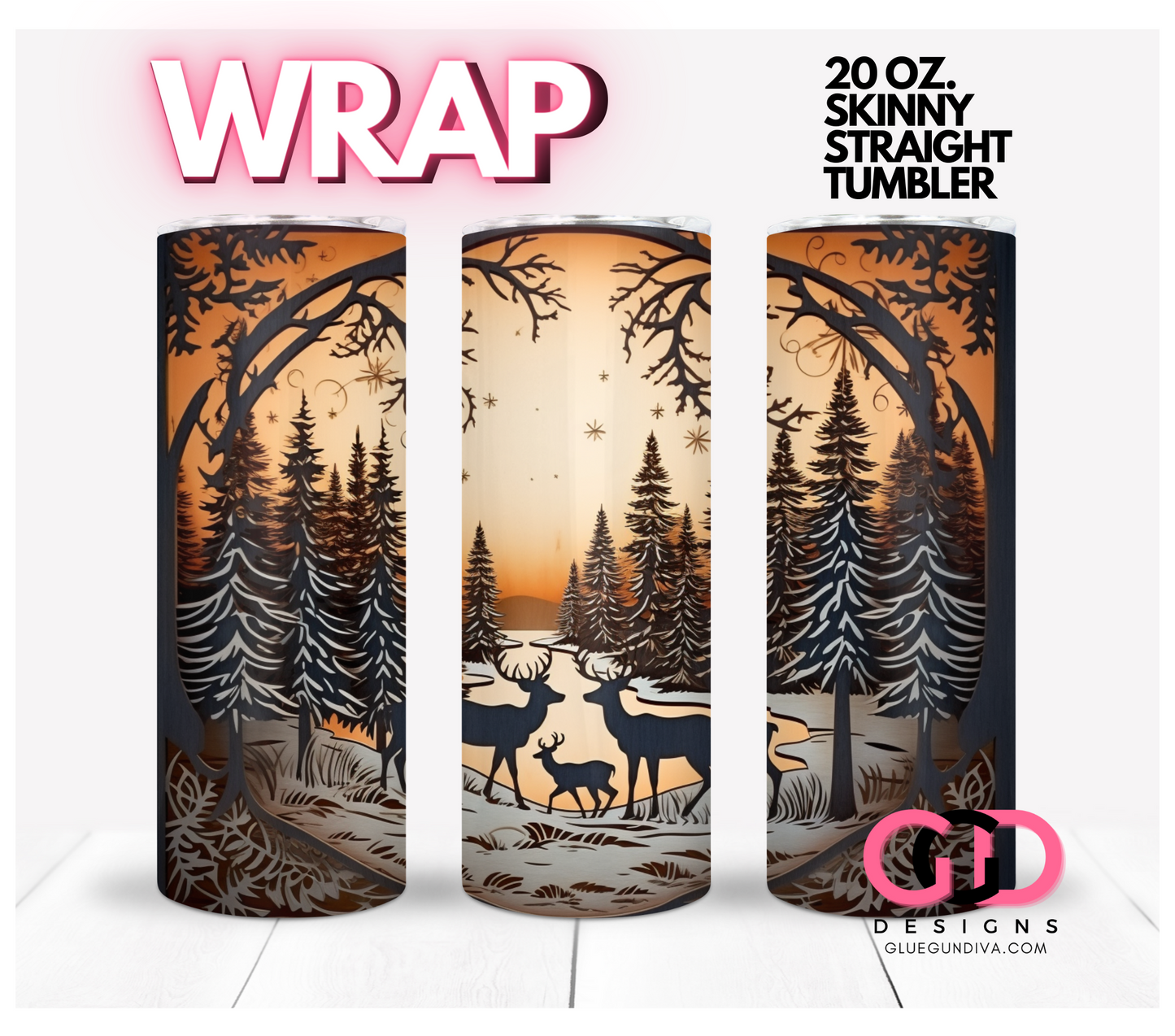 Winter scene wood laser cut- Digital tumbler wrap for 20 oz skinny straight tumbler