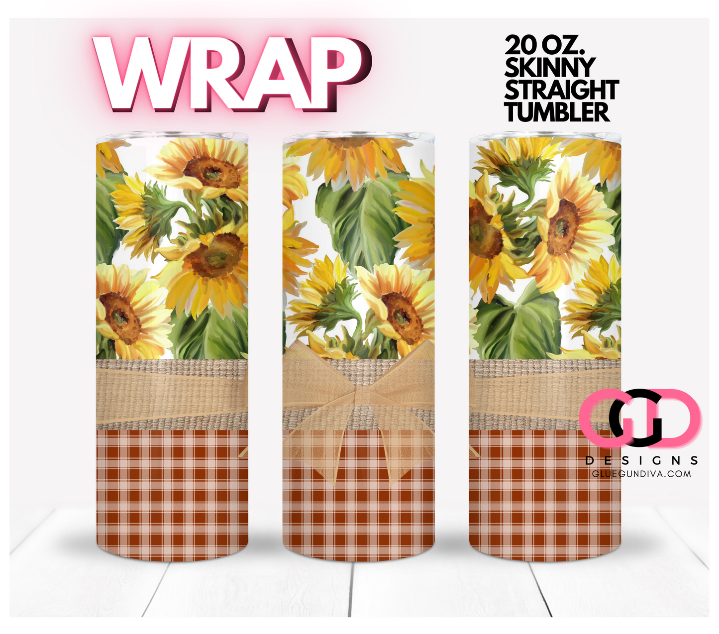 Sunflowers and Plaid- Digital tumbler wrap for 20 oz skinny straight tumbler