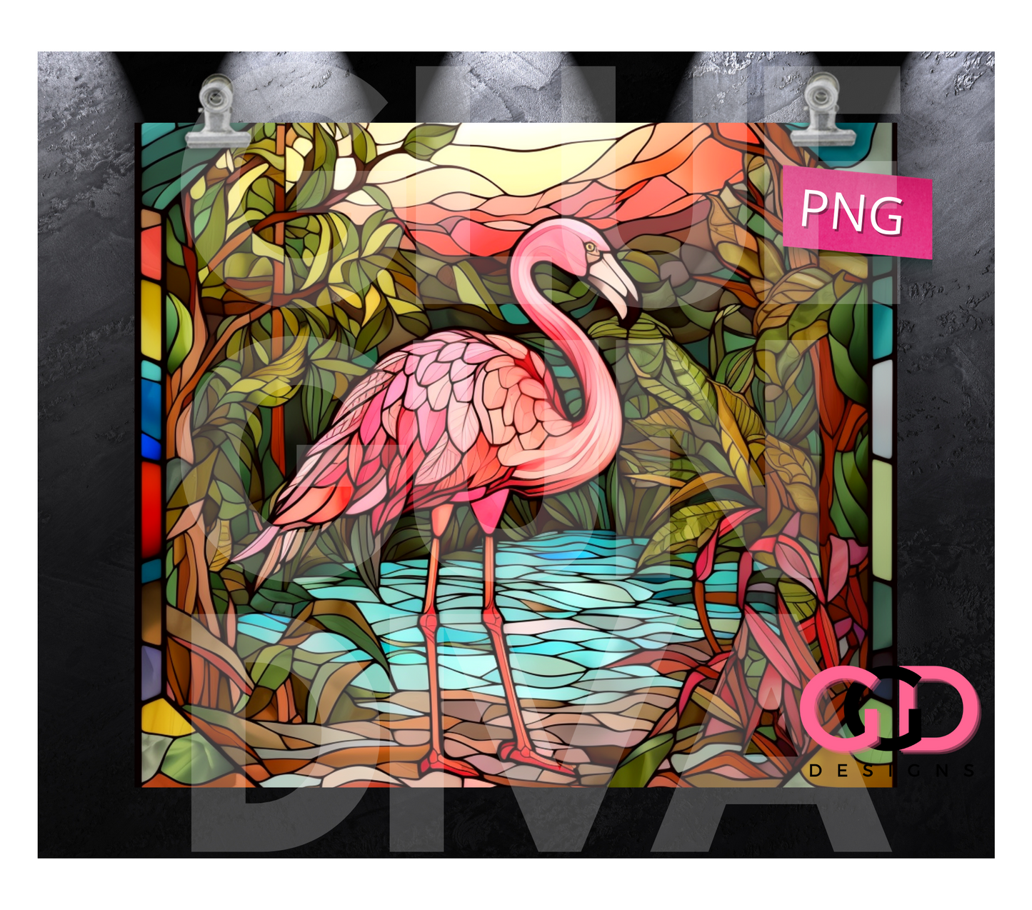Jungle Stained Glass Flamingo- Digital tumbler wrap for 20 oz skinny straight tumbler