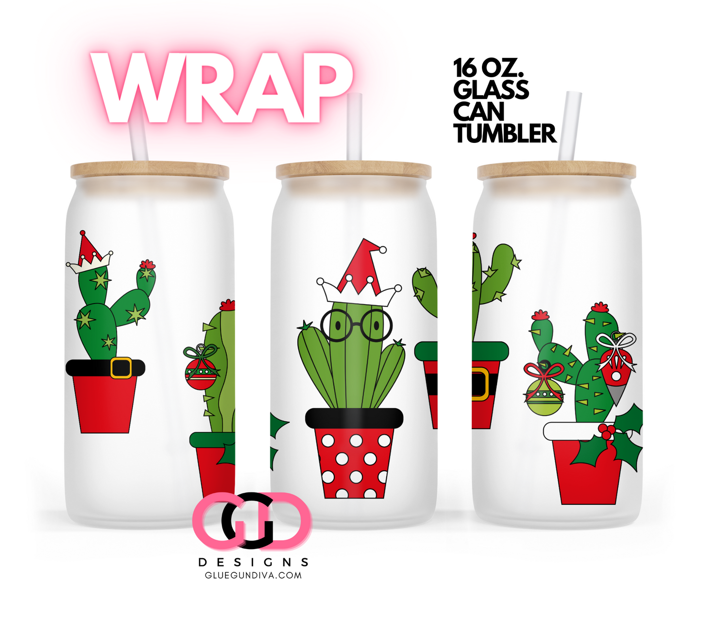 Christmas Cactus- Digital wrap for 16 oz glass can