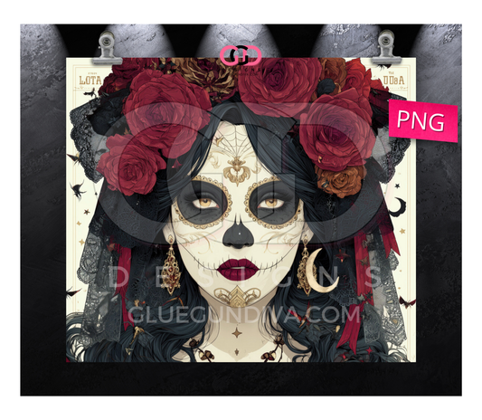 Calavera Burgundy Roses- Digital tumbler wrap for 20 oz skinny straight tumbler