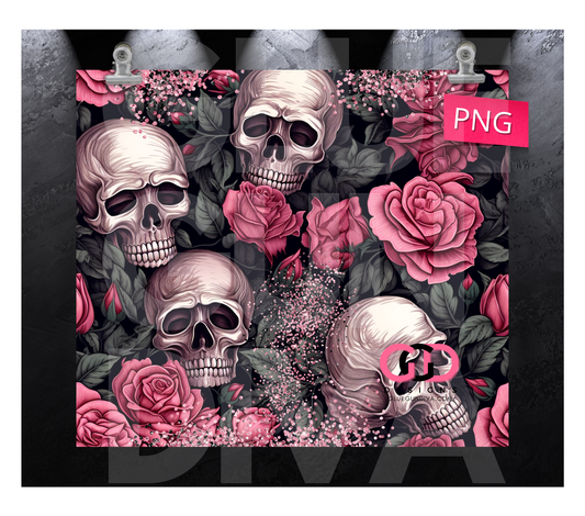 Pink Skulls and Roses - Digital tumbler wrap for 20 oz skinny straight tumbler